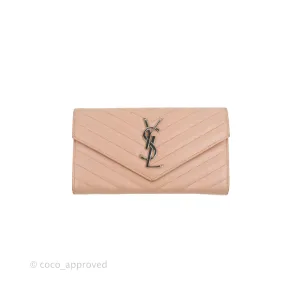 Saint Laurent Quilted Envelope Wallet Pink Grained Leather Silver Hardware