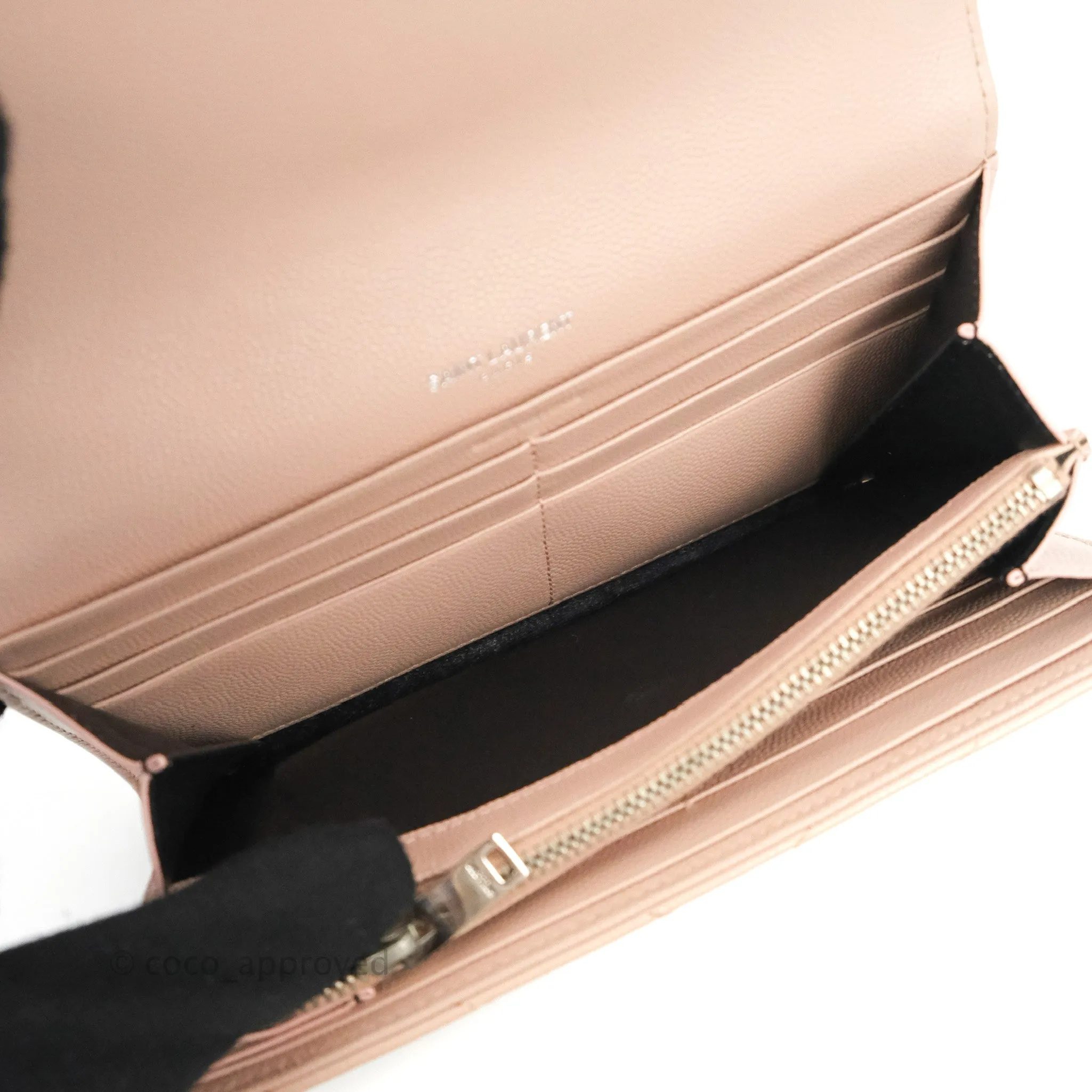 Saint Laurent Quilted Envelope Wallet Pink Grained Leather Silver Hardware