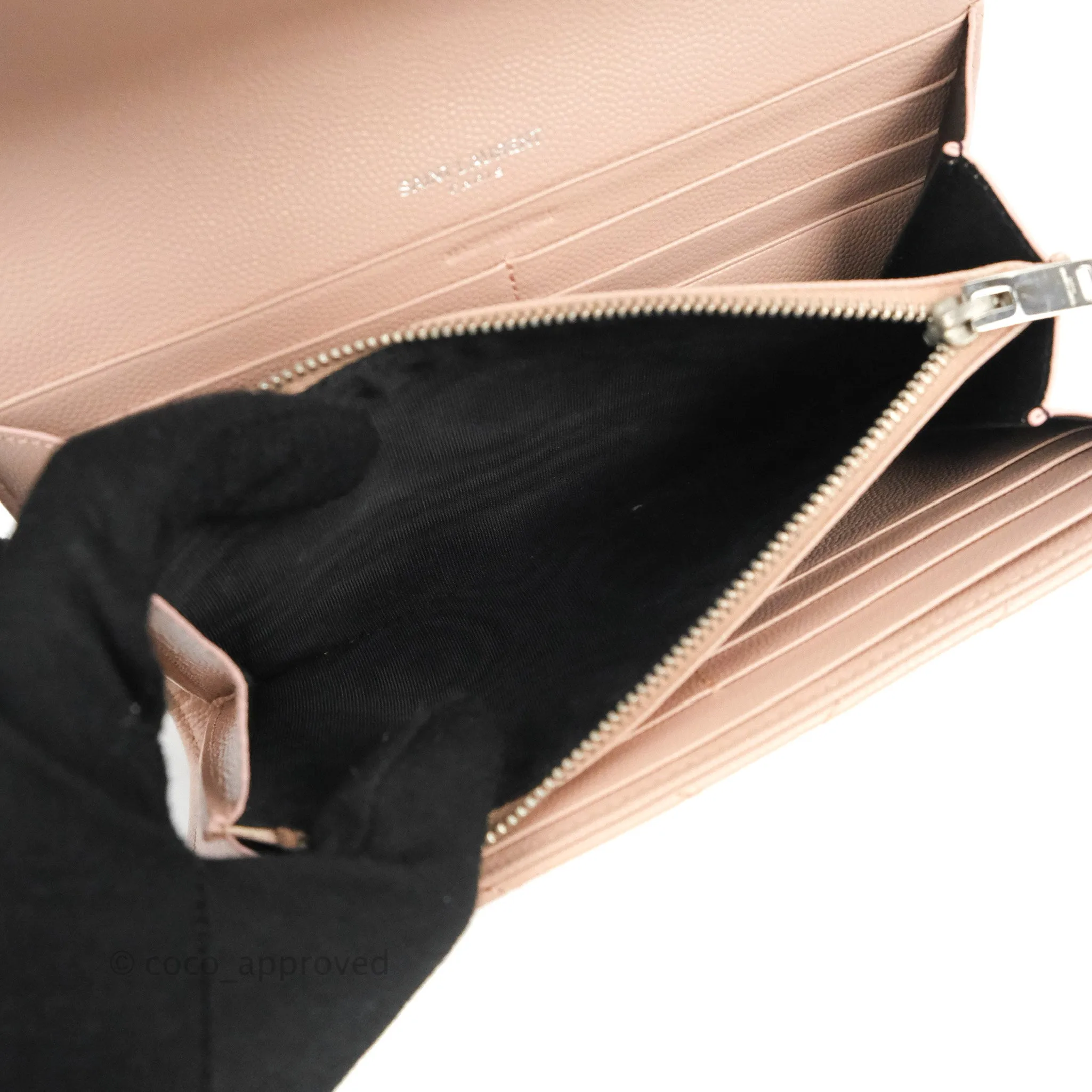 Saint Laurent Quilted Envelope Wallet Pink Grained Leather Silver Hardware