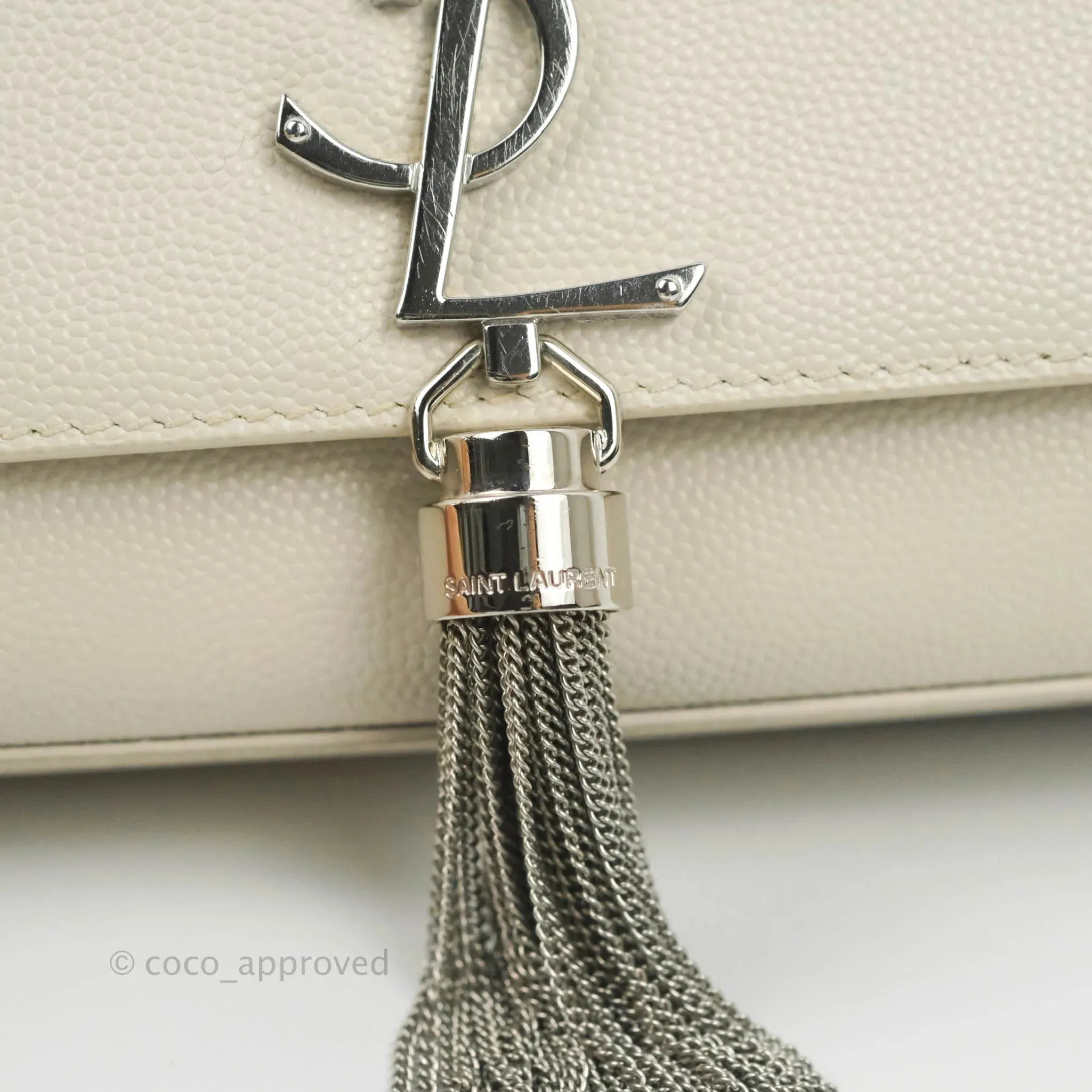Saint Laurent Small Classic Monogram Kate Tassel Satchel White Grained Calfskin