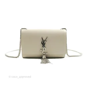 Saint Laurent Small Classic Monogram Kate Tassel Satchel White Grained Calfskin