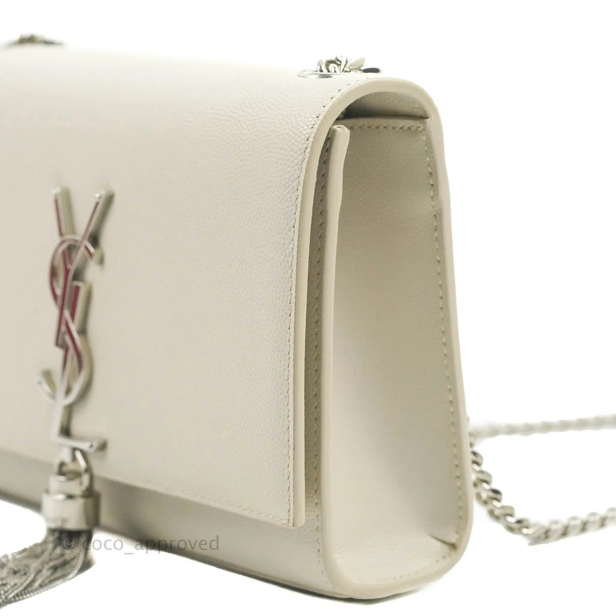 Saint Laurent Small Classic Monogram Kate Tassel Satchel White Grained Calfskin