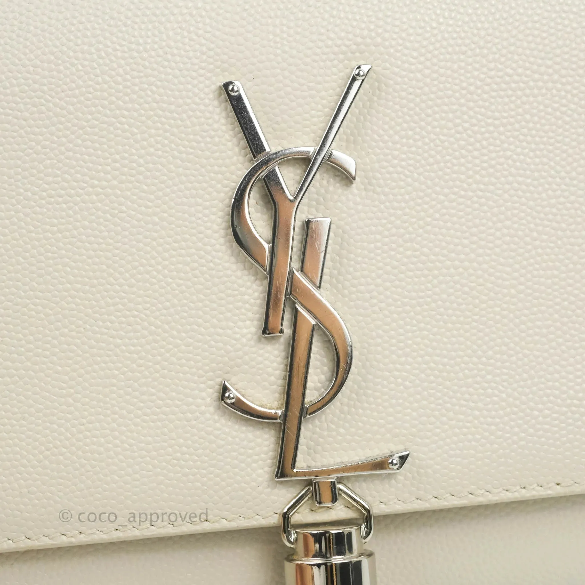 Saint Laurent Small Classic Monogram Kate Tassel Satchel White Grained Calfskin
