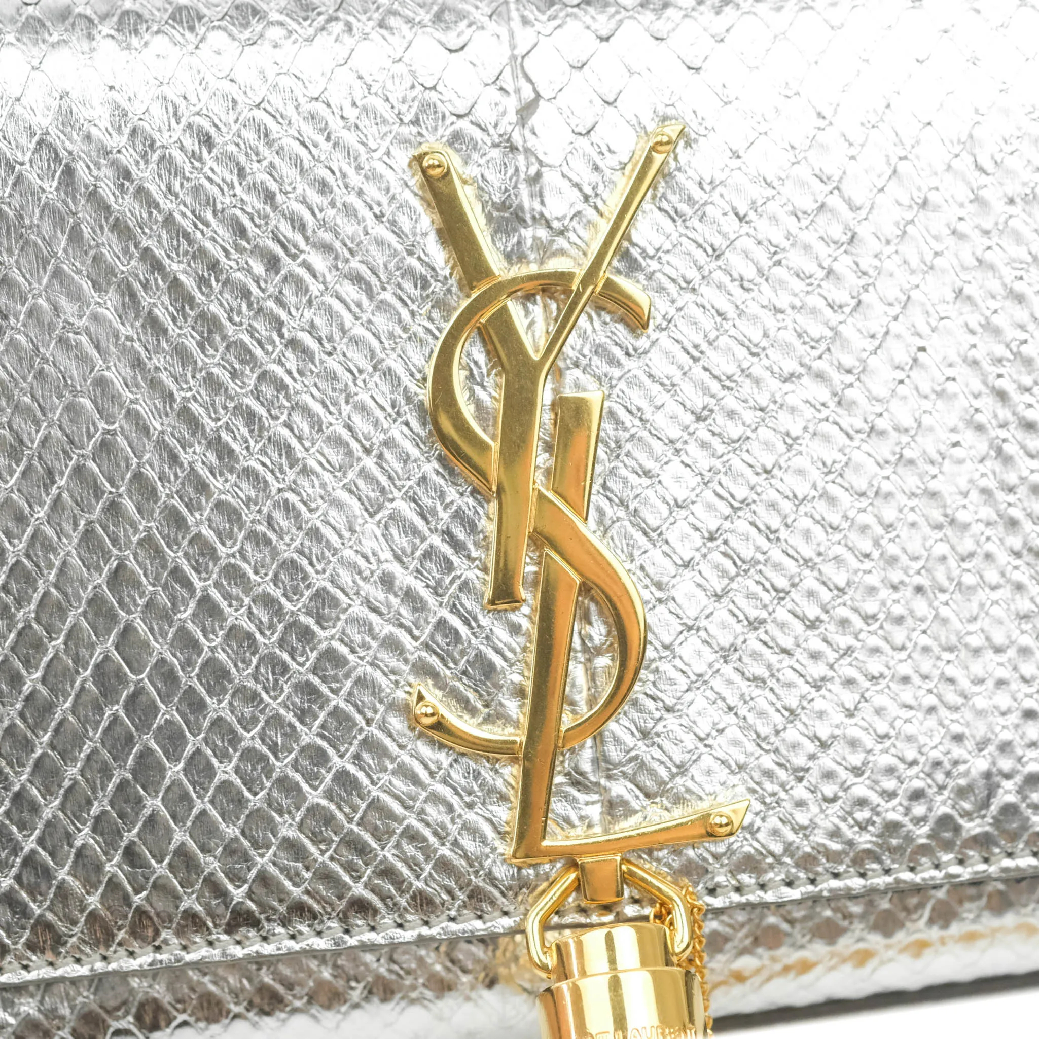 Saint Laurent Small Kate Bag Silver Python-Effect Gold Hardware