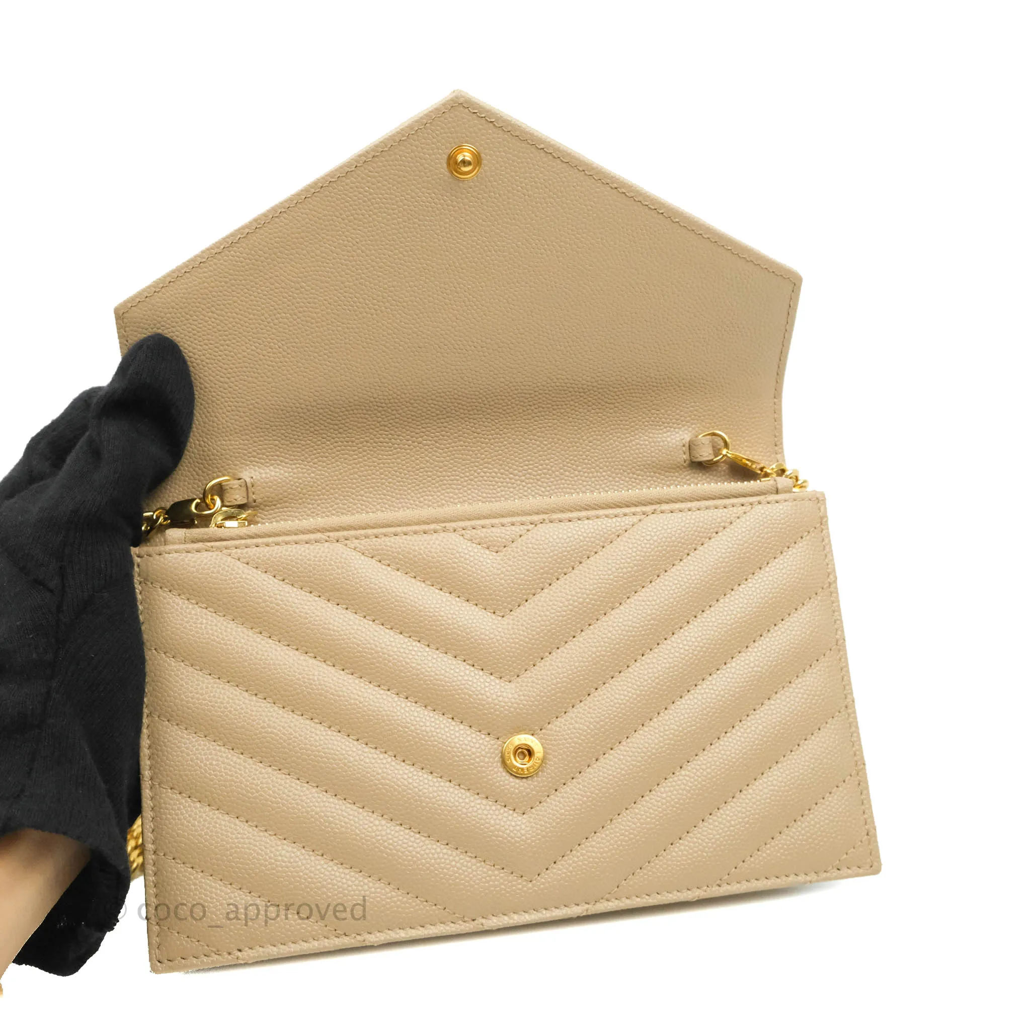 Saint Laurent Small Wallet on Chain Beige Grained Leather Gold Hardware