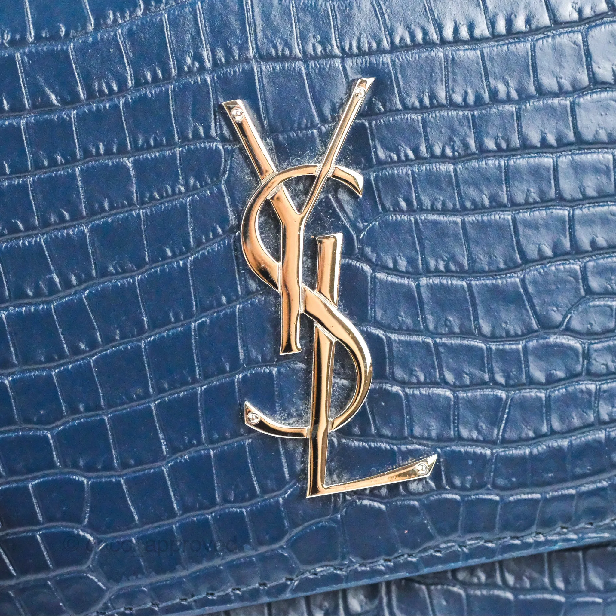 Saint Laurent Sunset Chain Wallet Navy Croc-embossed Shiny Calfskin Silver Hardware