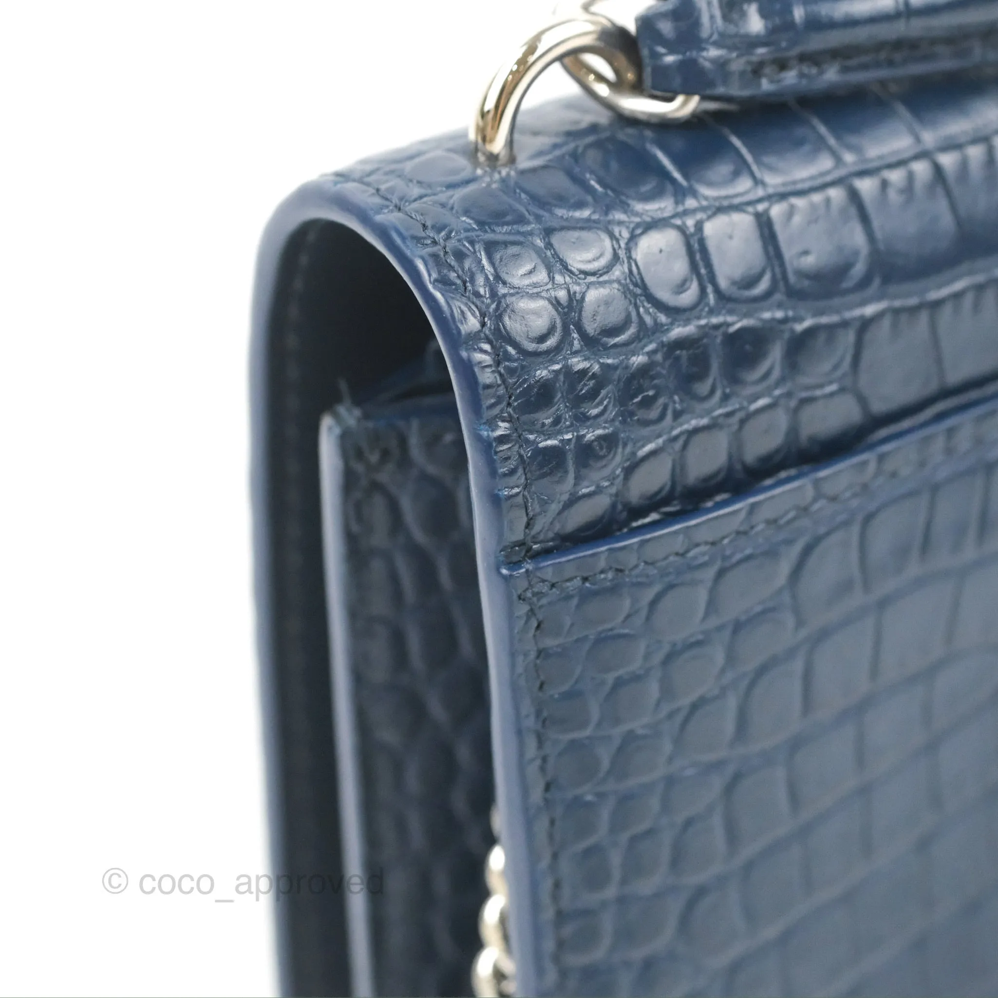 Saint Laurent Sunset Chain Wallet Navy Croc-embossed Shiny Calfskin Silver Hardware