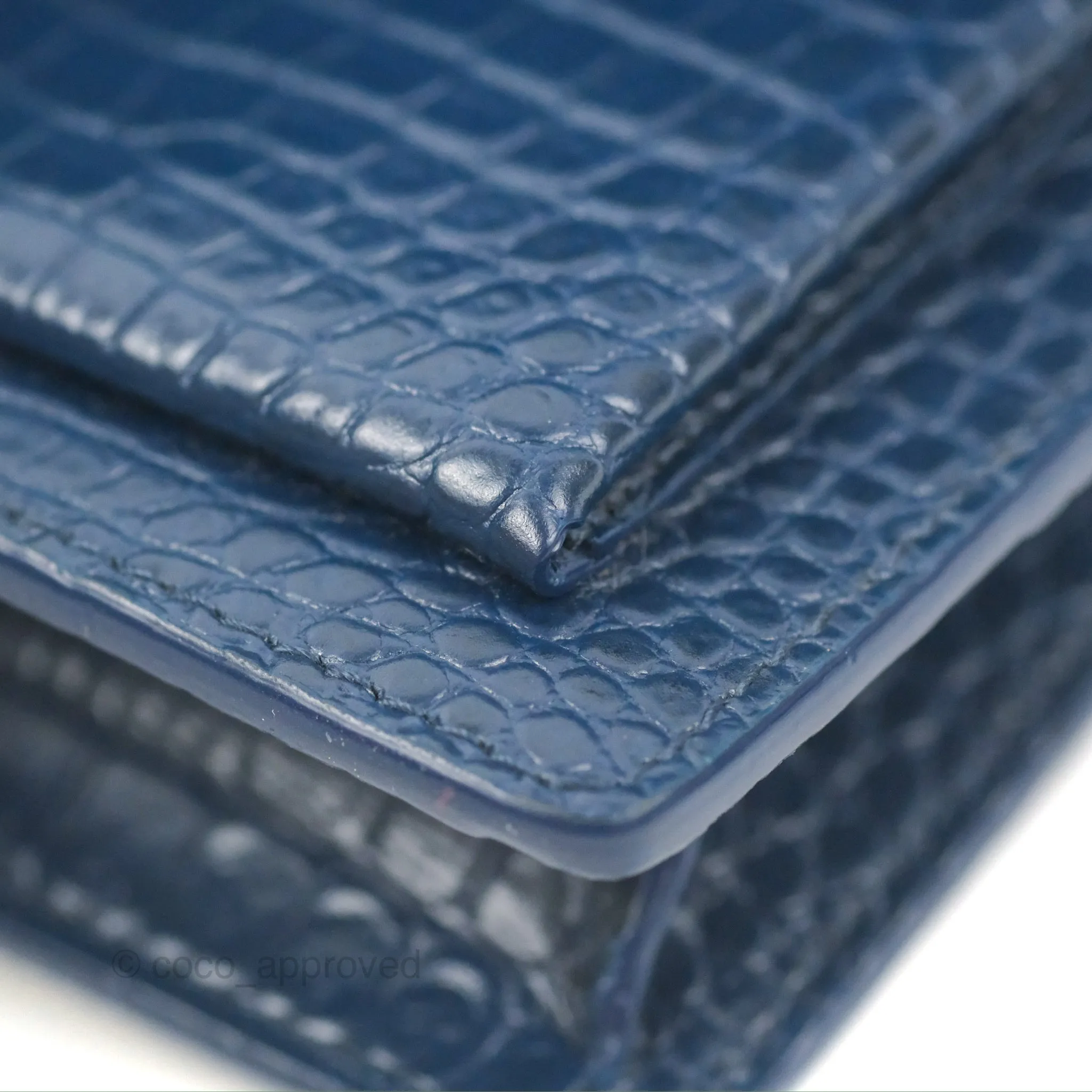 Saint Laurent Sunset Chain Wallet Navy Croc-embossed Shiny Calfskin Silver Hardware