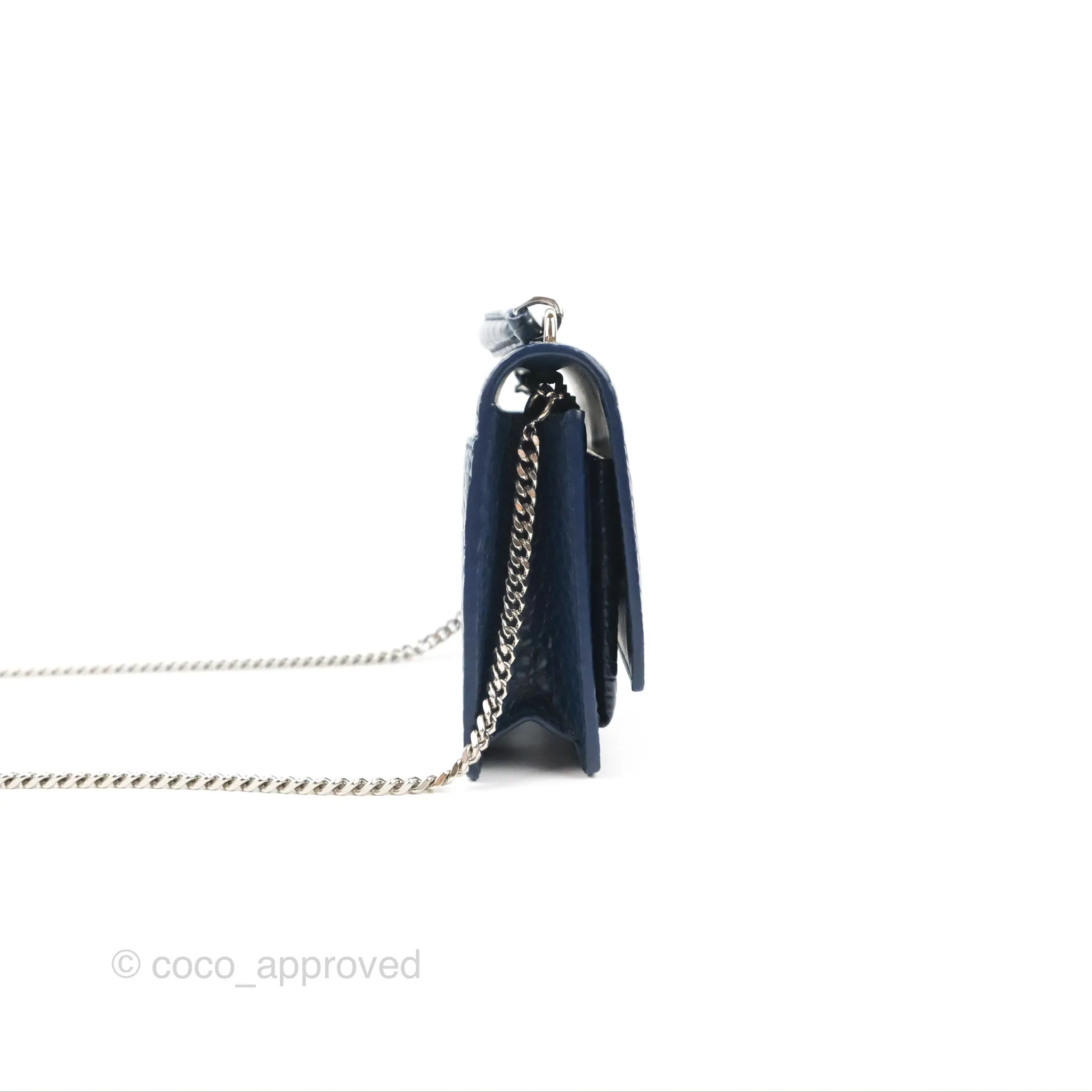 Saint Laurent Sunset Chain Wallet Navy Croc-embossed Shiny Calfskin Silver Hardware