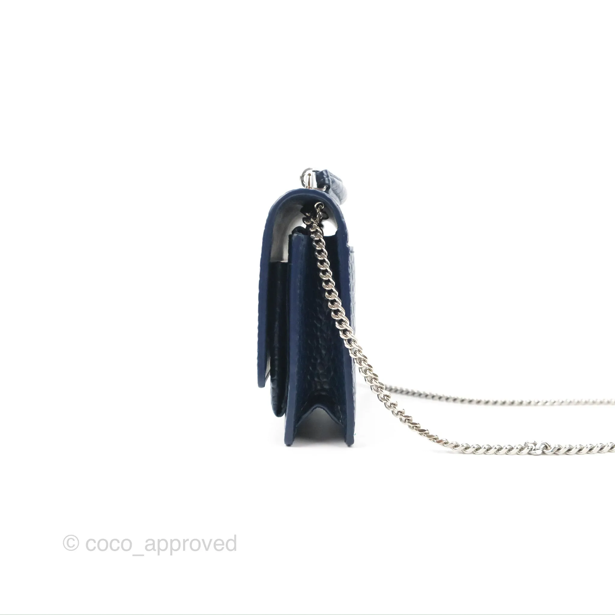 Saint Laurent Sunset Chain Wallet Navy Croc-embossed Shiny Calfskin Silver Hardware