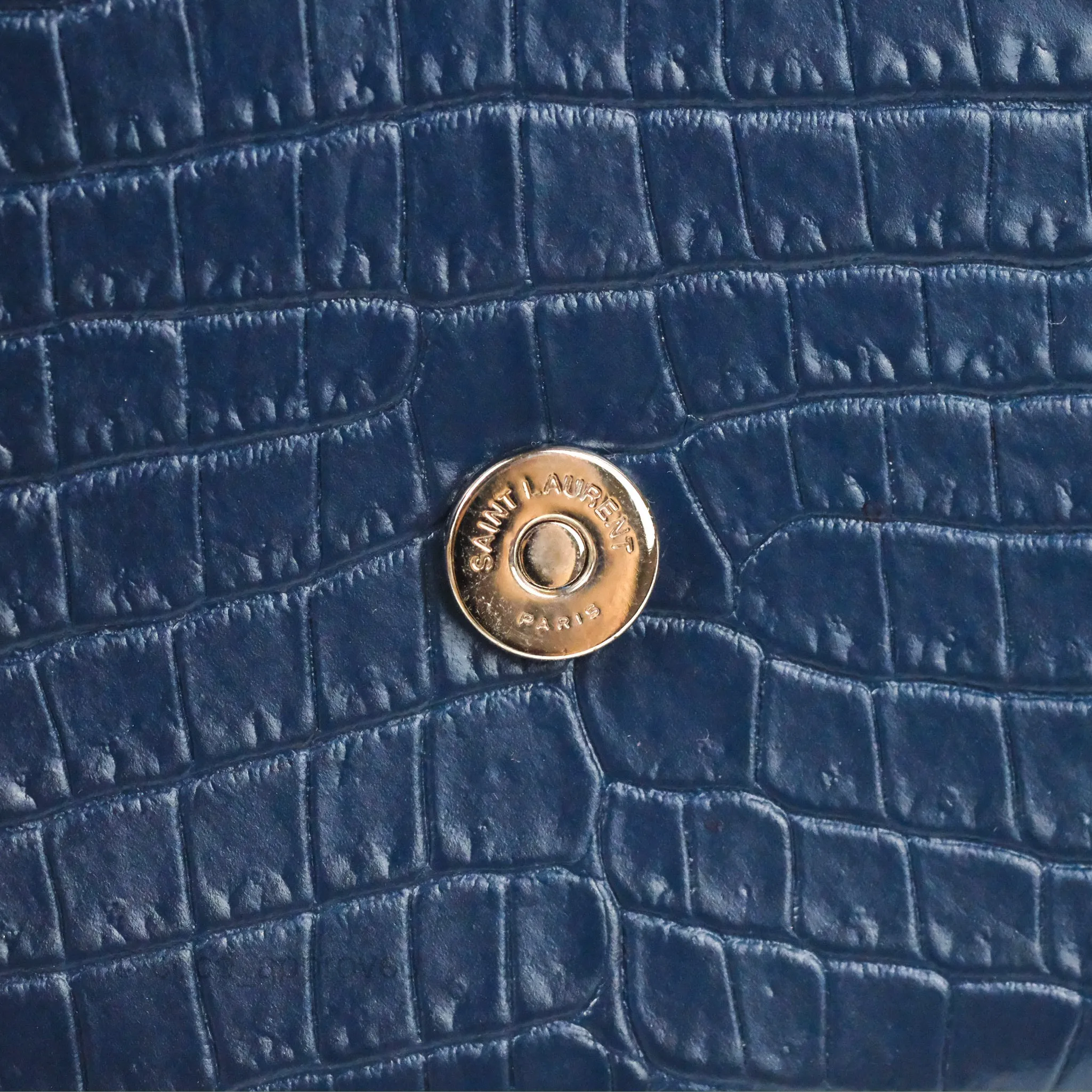 Saint Laurent Sunset Chain Wallet Navy Croc-embossed Shiny Calfskin Silver Hardware
