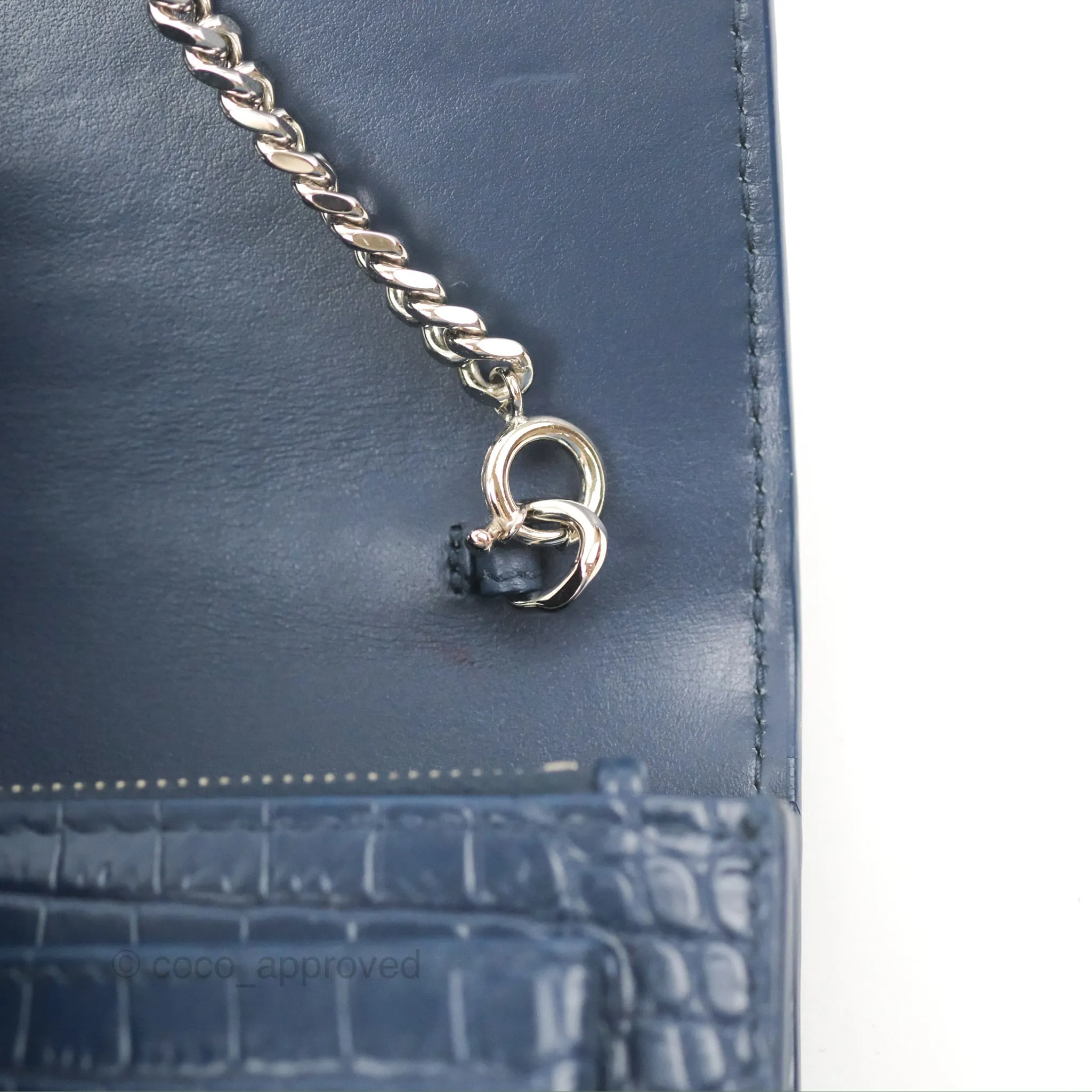 Saint Laurent Sunset Chain Wallet Navy Croc-embossed Shiny Calfskin Silver Hardware