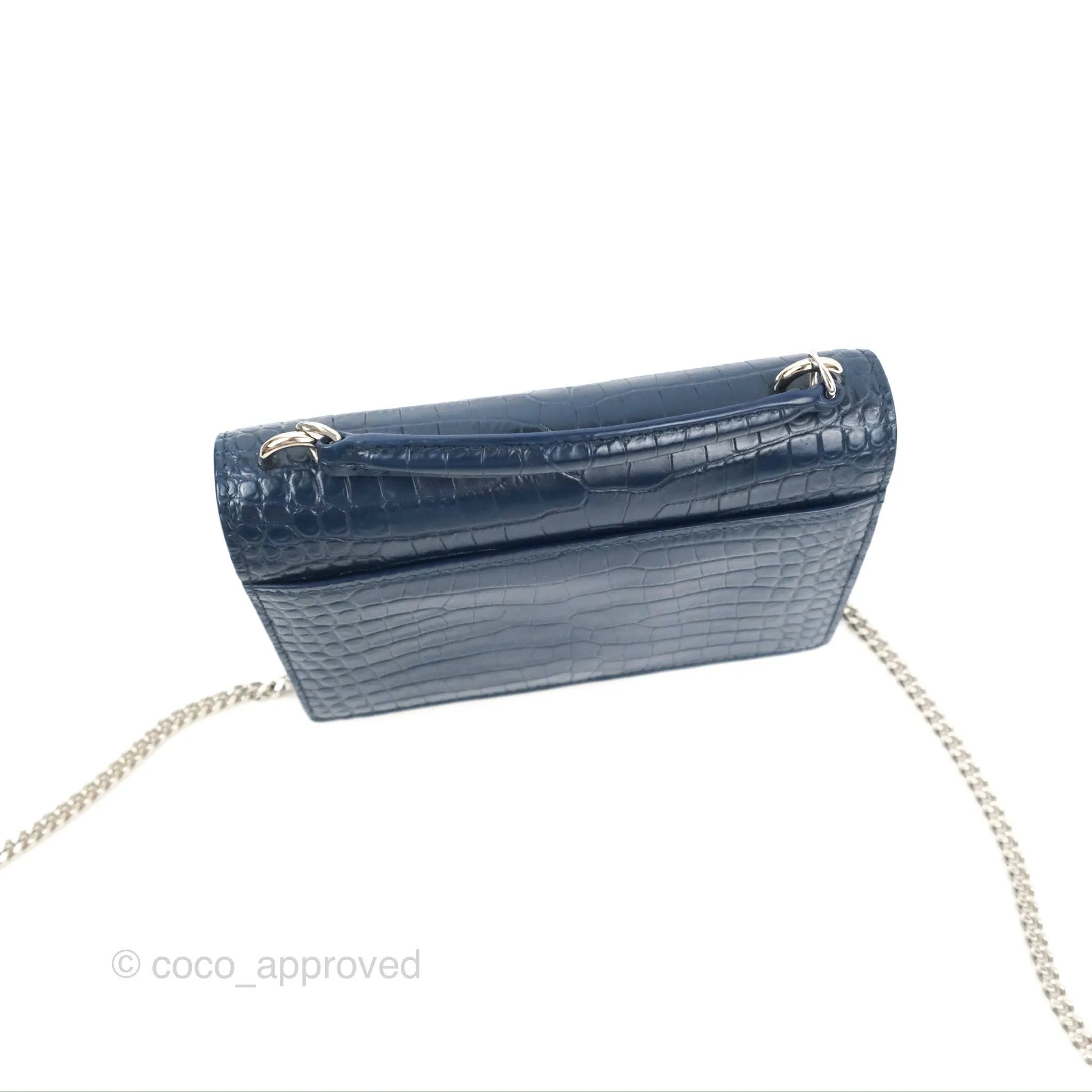 Saint Laurent Sunset Chain Wallet Navy Croc-embossed Shiny Calfskin Silver Hardware