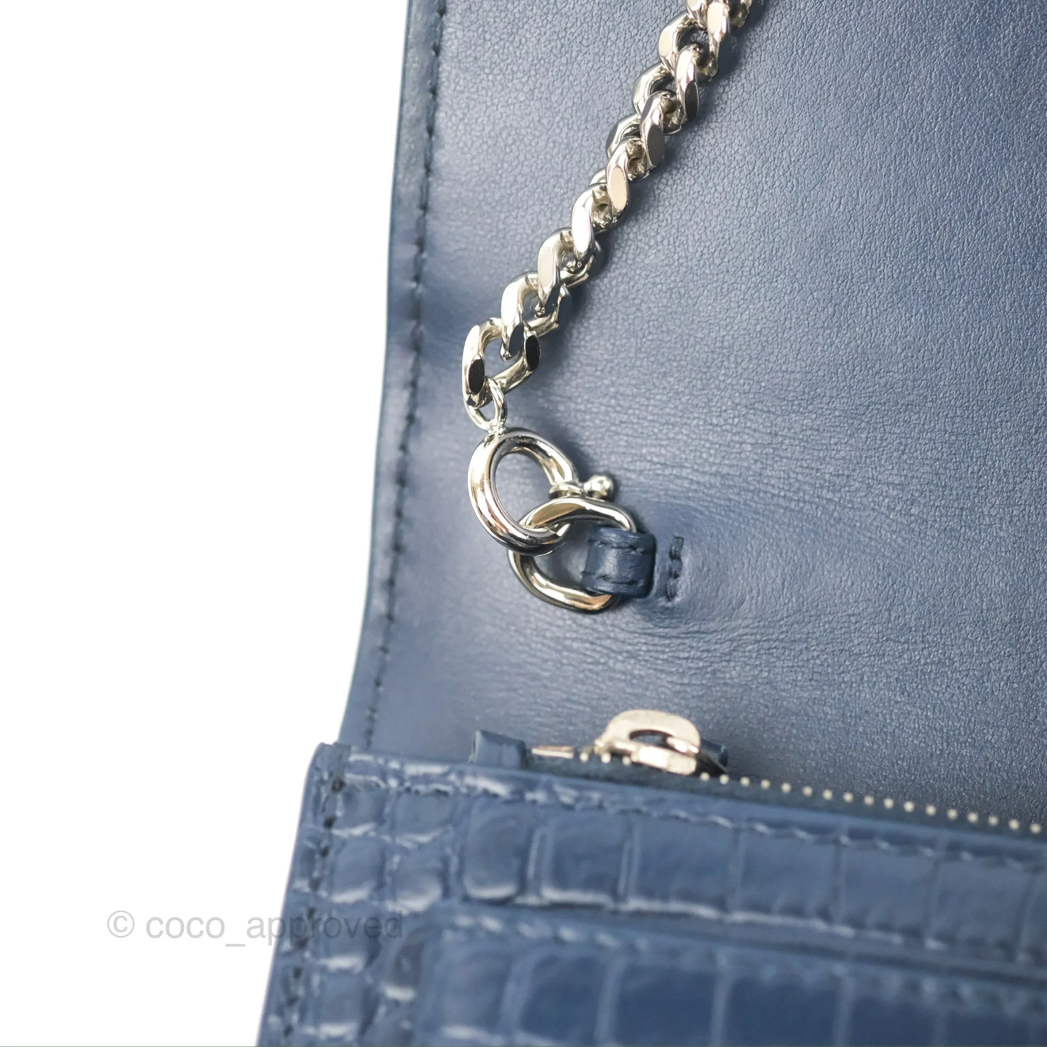 Saint Laurent Sunset Chain Wallet Navy Croc-embossed Shiny Calfskin Silver Hardware