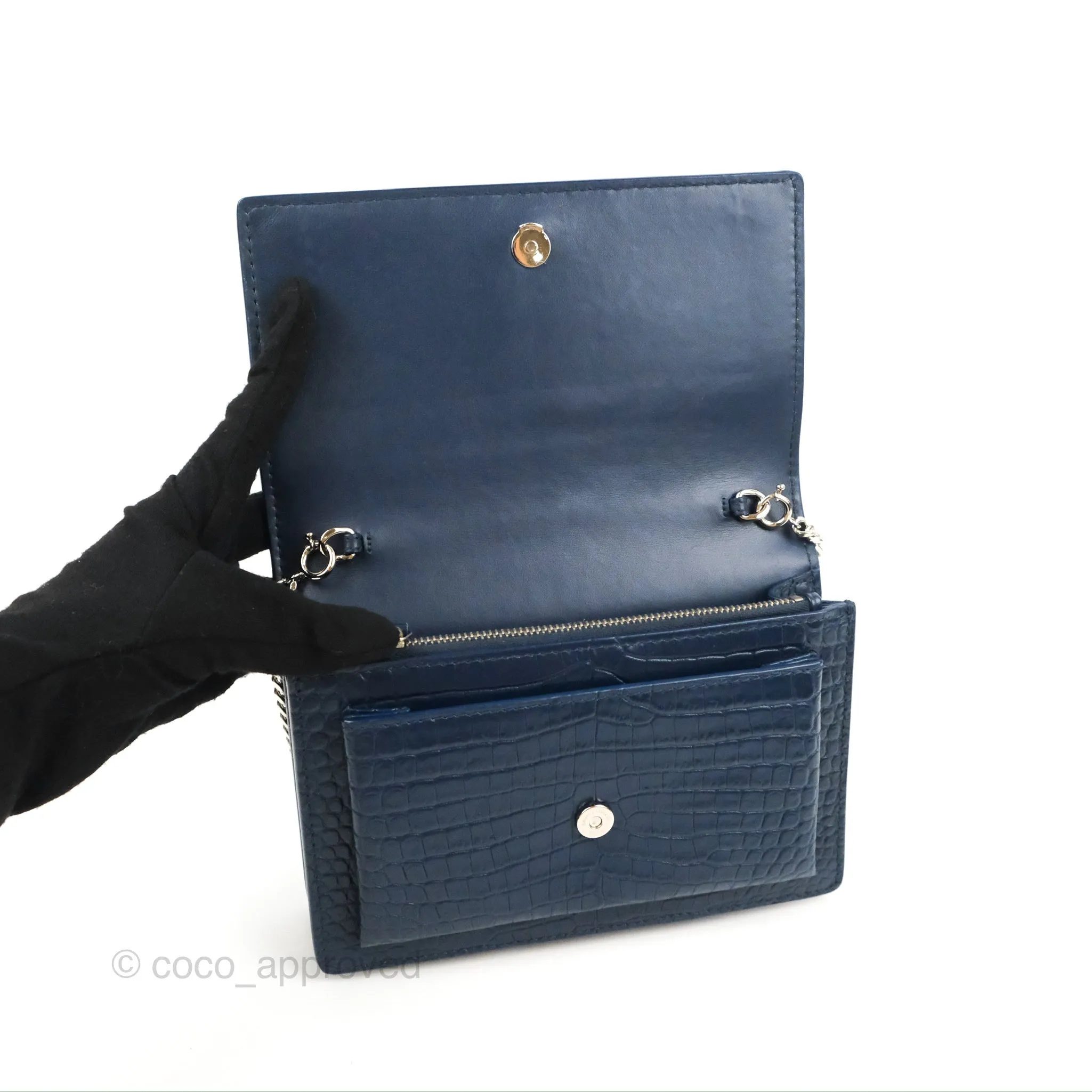 Saint Laurent Sunset Chain Wallet Navy Croc-embossed Shiny Calfskin Silver Hardware