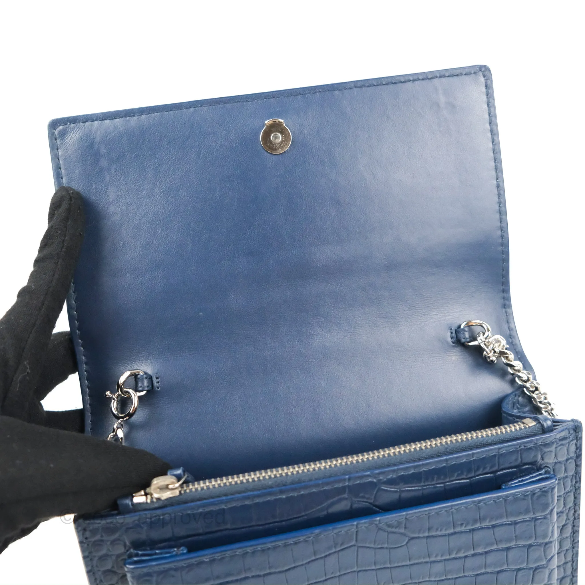 Saint Laurent Sunset Chain Wallet Navy Croc-embossed Shiny Calfskin Silver Hardware