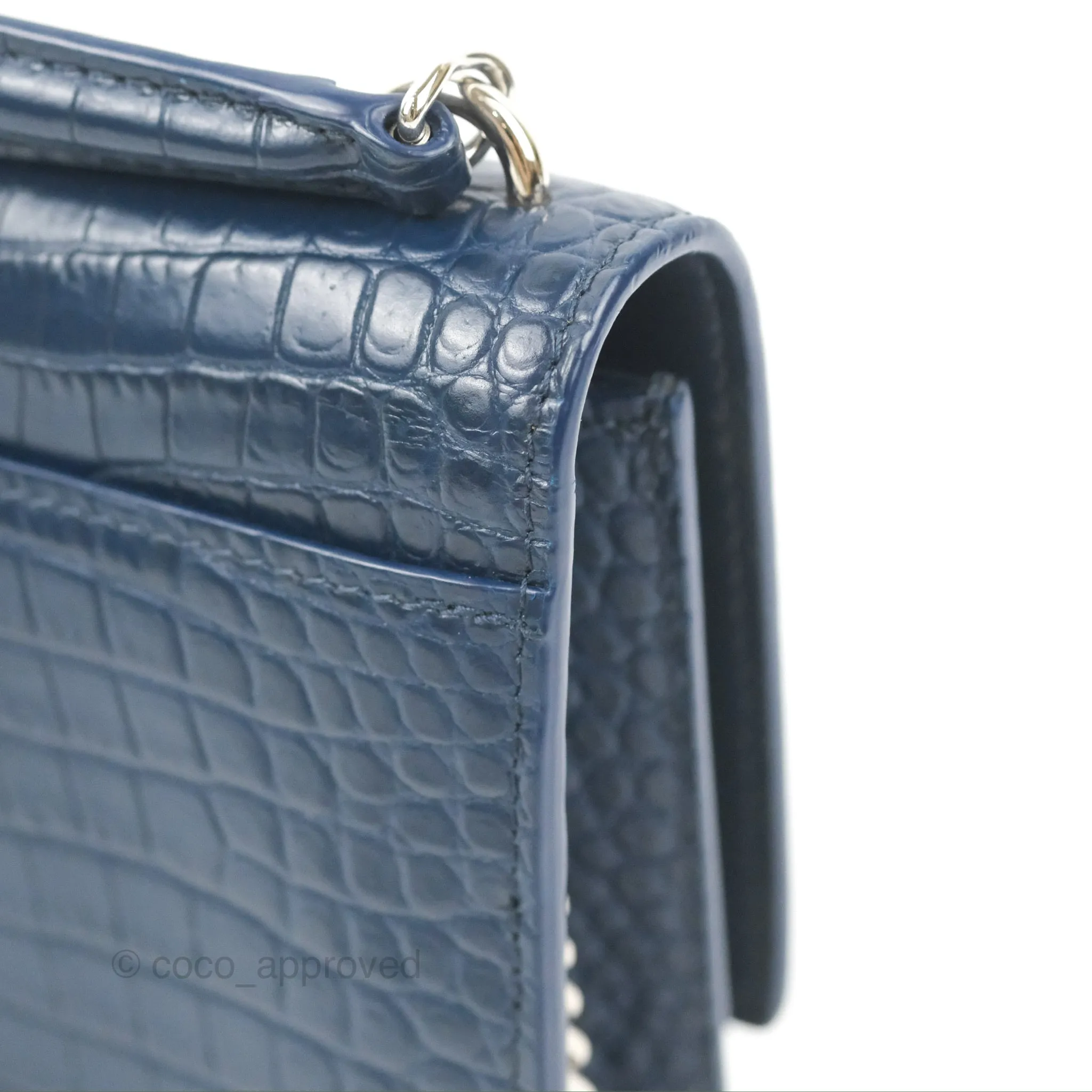 Saint Laurent Sunset Chain Wallet Navy Croc-embossed Shiny Calfskin Silver Hardware