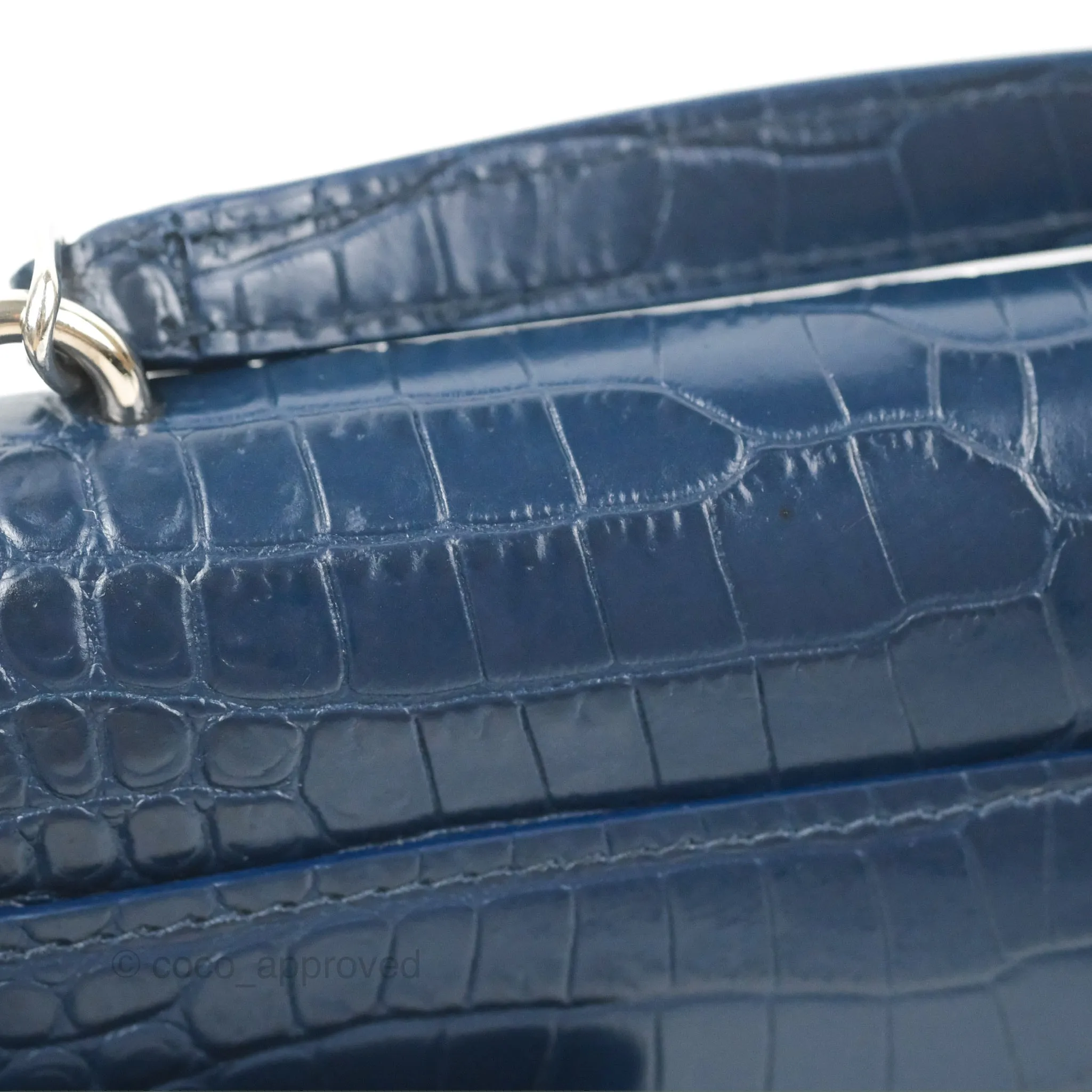 Saint Laurent Sunset Chain Wallet Navy Croc-embossed Shiny Calfskin Silver Hardware