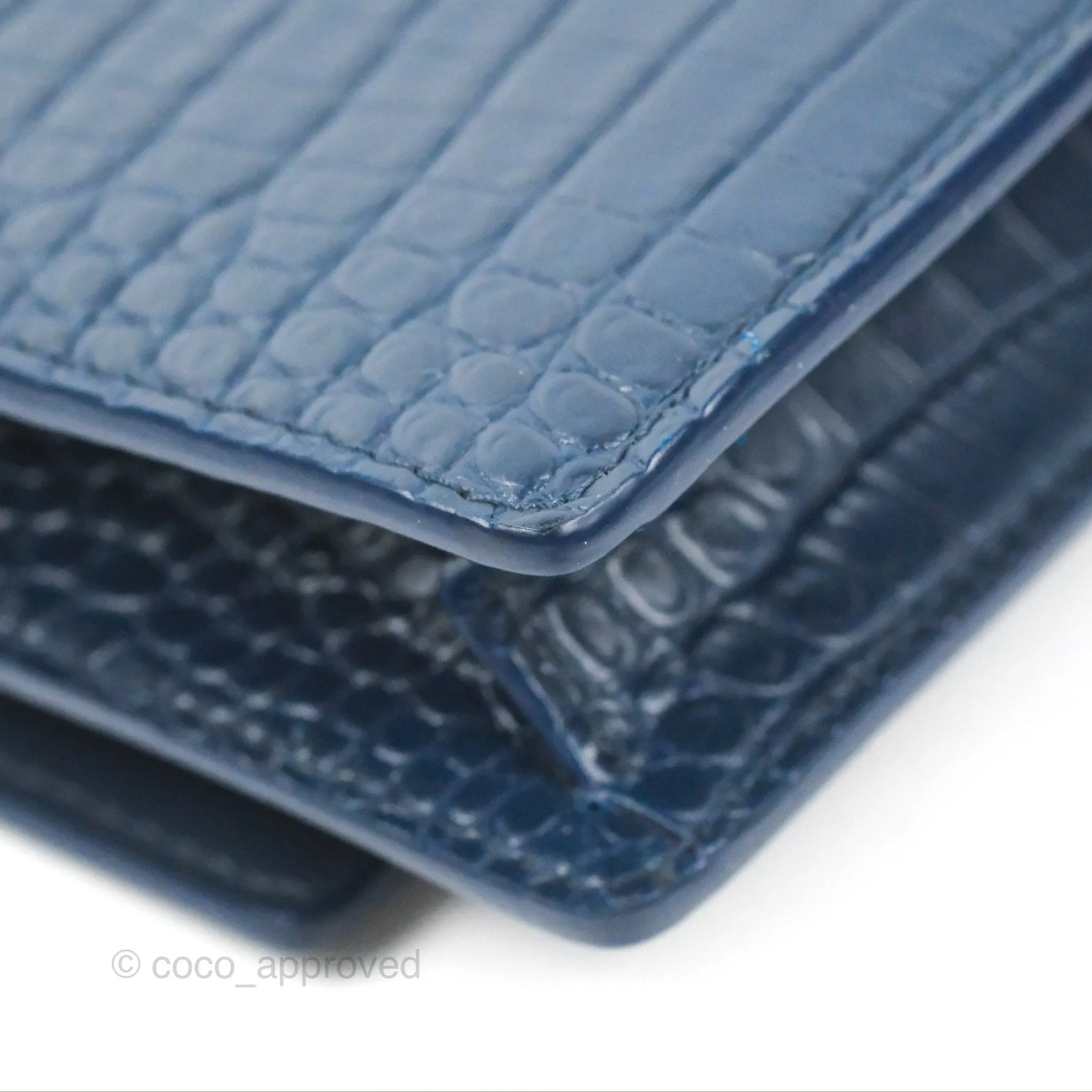Saint Laurent Sunset Chain Wallet Navy Croc-embossed Shiny Calfskin Silver Hardware