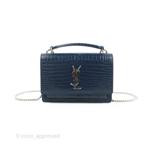 Saint Laurent Sunset Chain Wallet Navy Croc-embossed Shiny Calfskin Silver Hardware