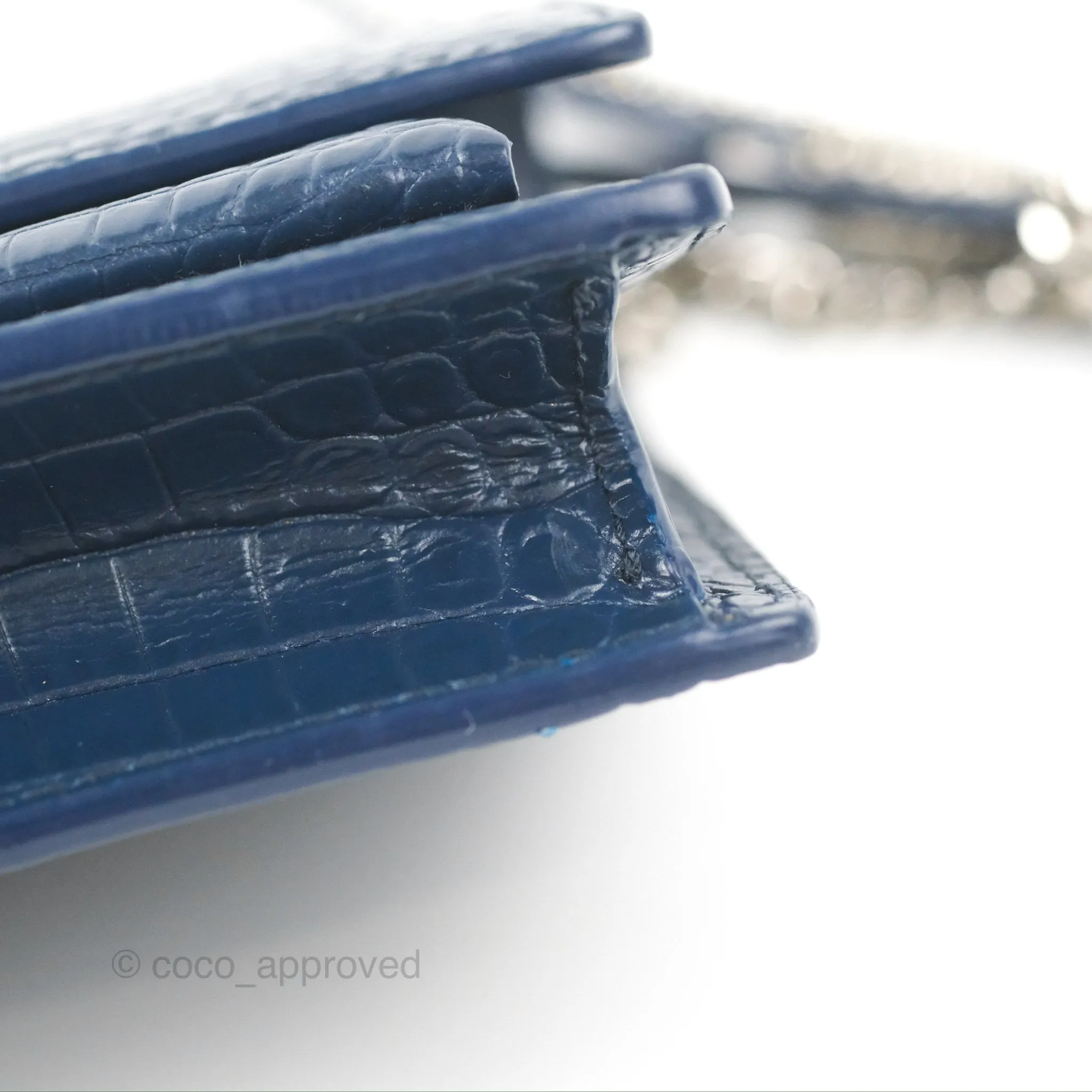 Saint Laurent Sunset Chain Wallet Navy Croc-embossed Shiny Calfskin Silver Hardware