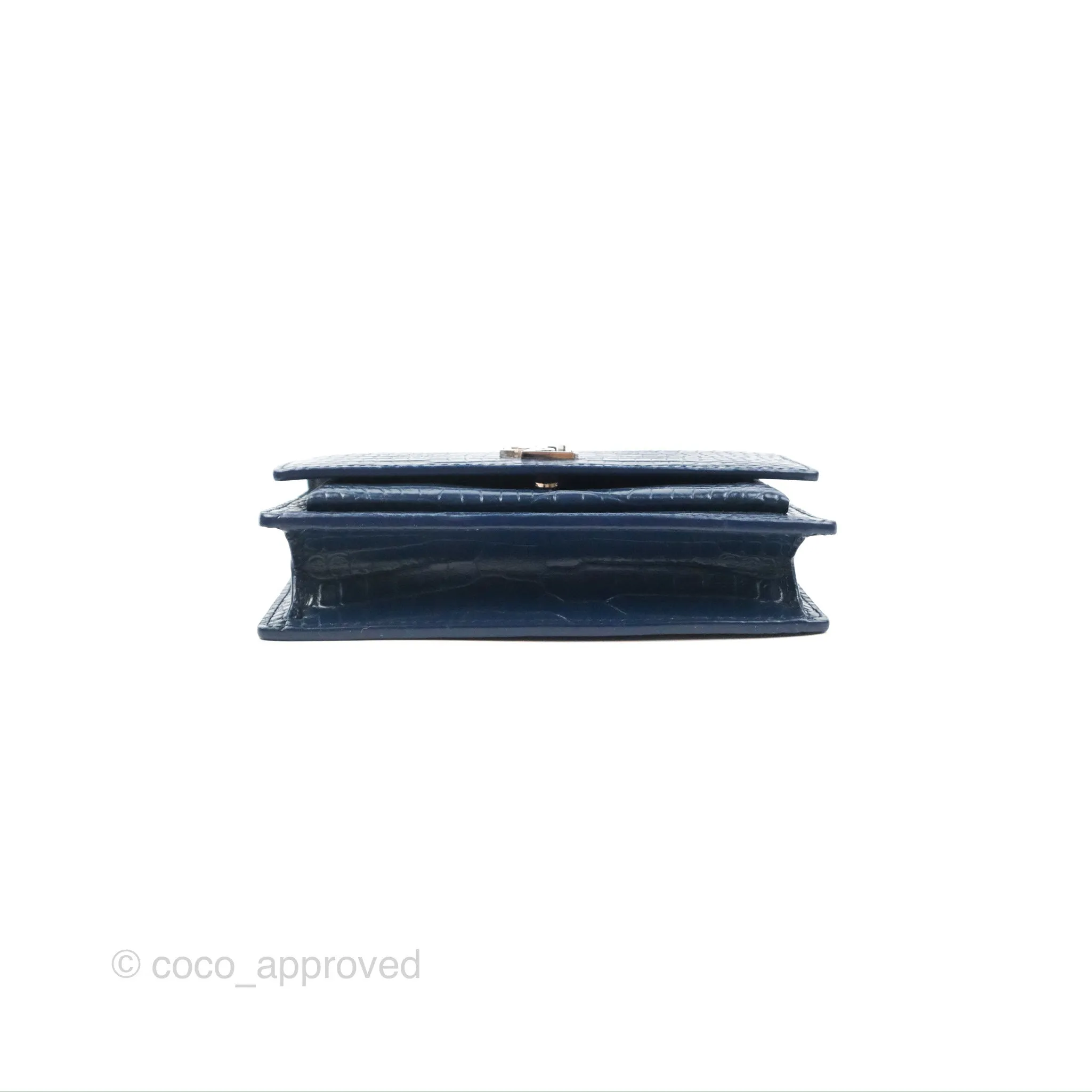 Saint Laurent Sunset Chain Wallet Navy Croc-embossed Shiny Calfskin Silver Hardware