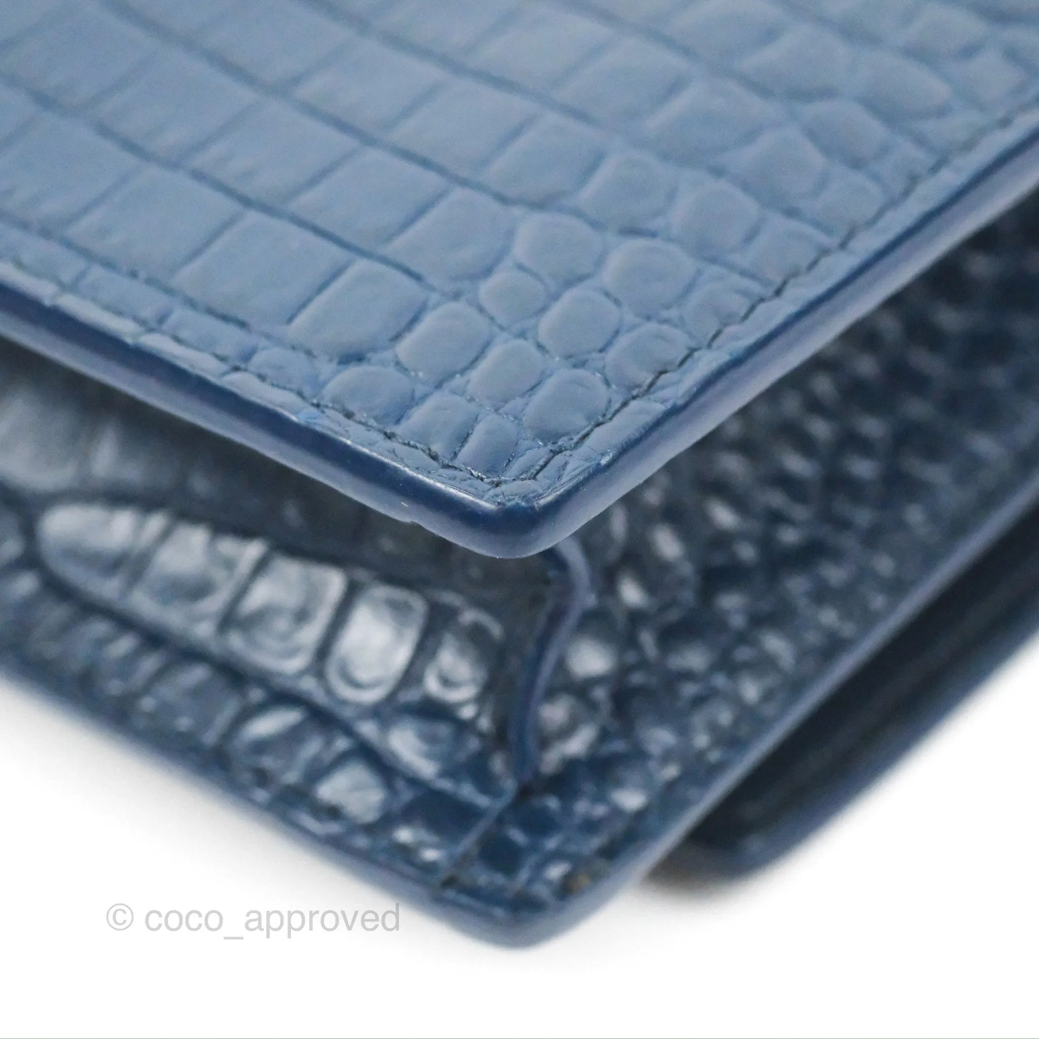 Saint Laurent Sunset Chain Wallet Navy Croc-embossed Shiny Calfskin Silver Hardware