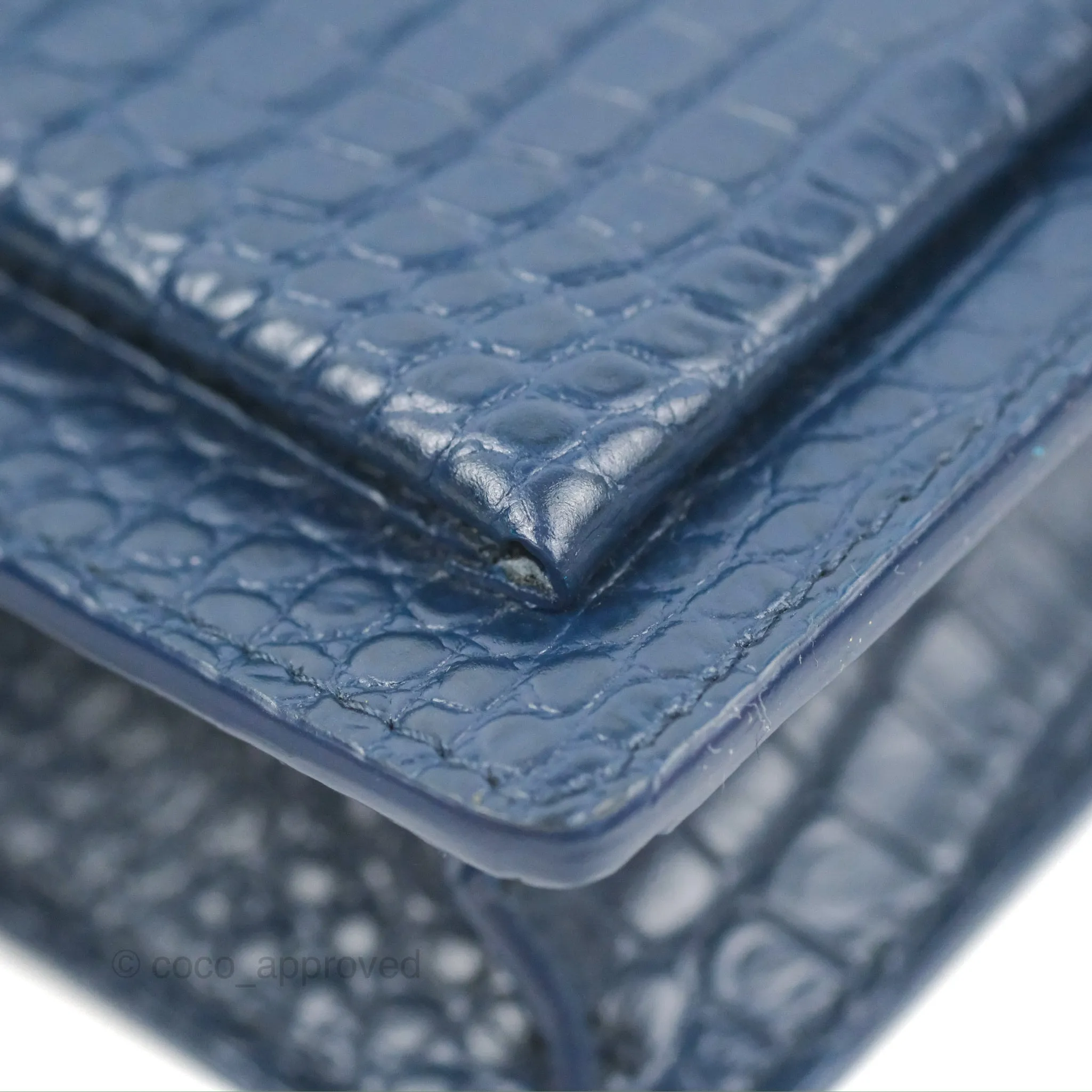 Saint Laurent Sunset Chain Wallet Navy Croc-embossed Shiny Calfskin Silver Hardware