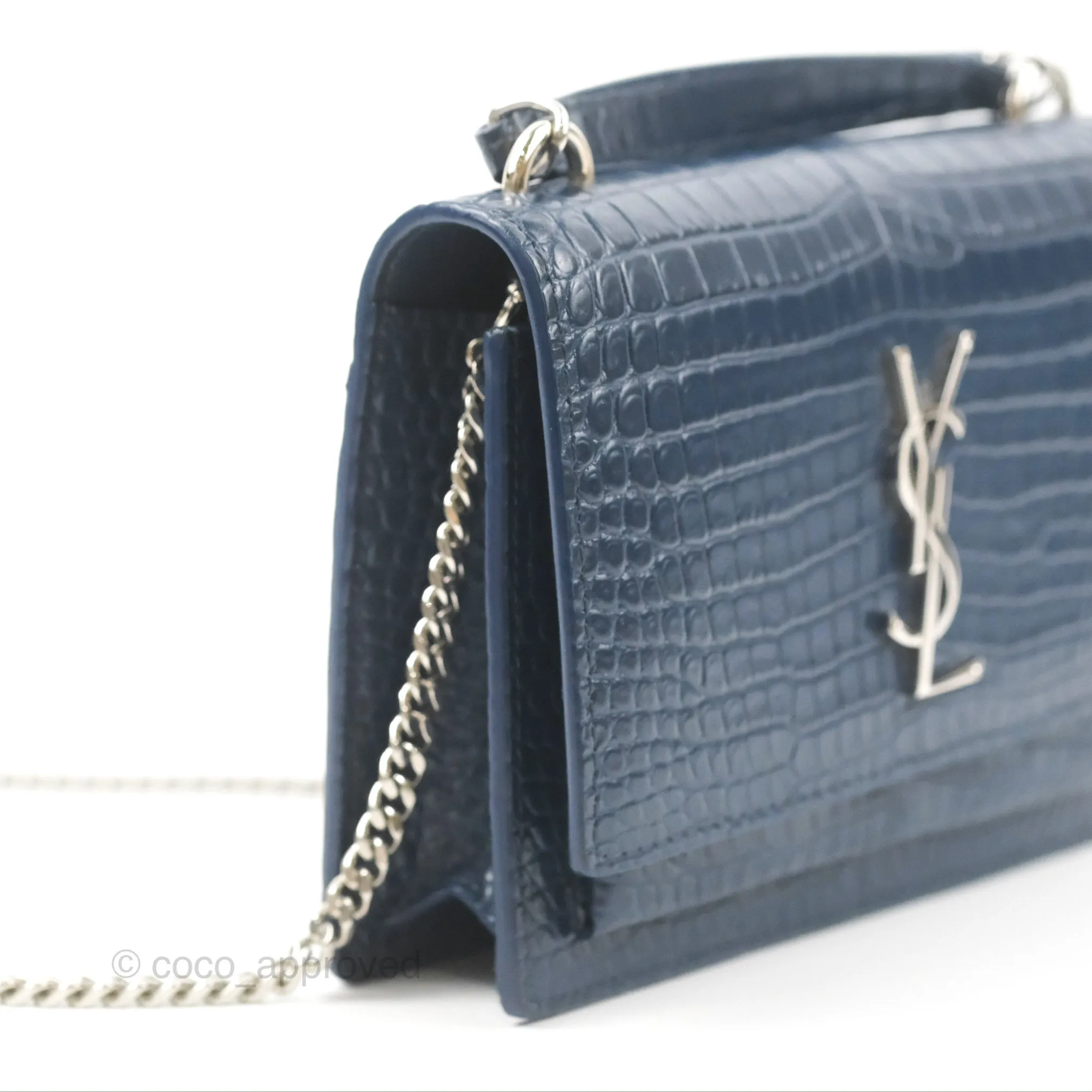 Saint Laurent Sunset Chain Wallet Navy Croc-embossed Shiny Calfskin Silver Hardware