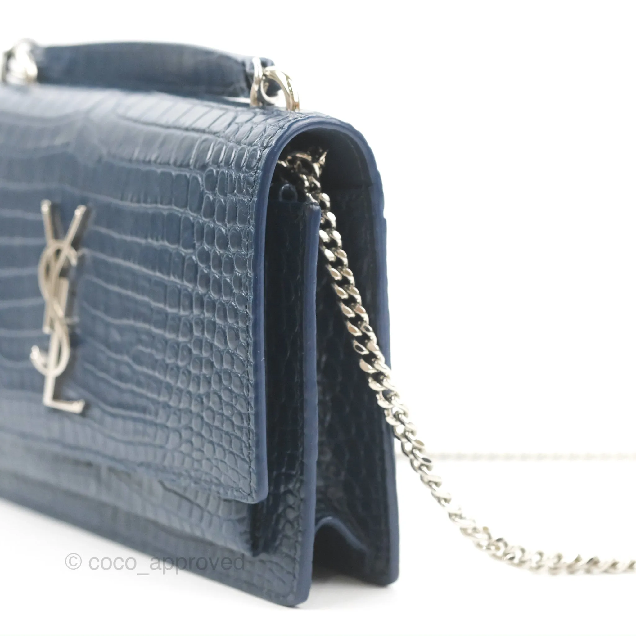 Saint Laurent Sunset Chain Wallet Navy Croc-embossed Shiny Calfskin Silver Hardware