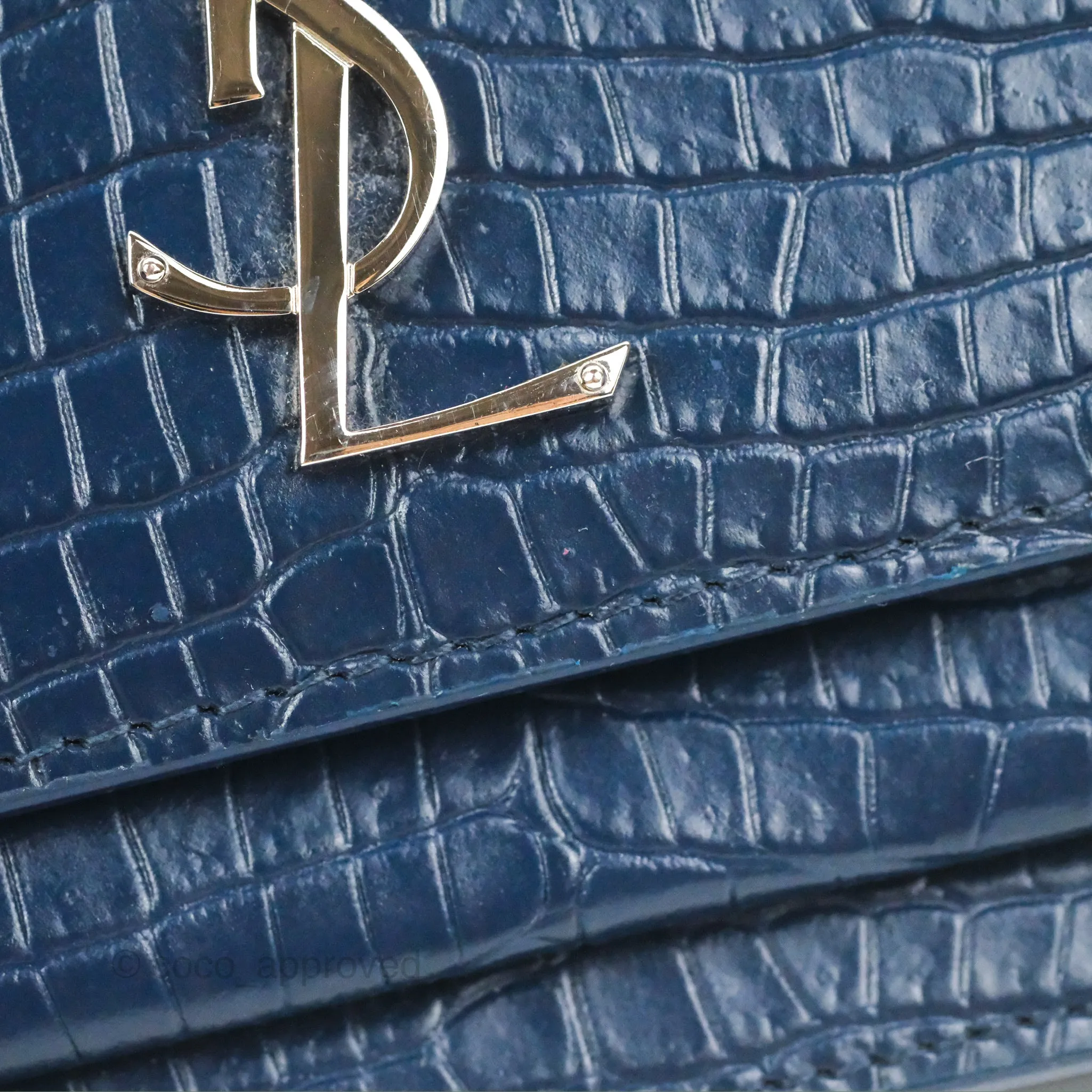 Saint Laurent Sunset Chain Wallet Navy Croc-embossed Shiny Calfskin Silver Hardware