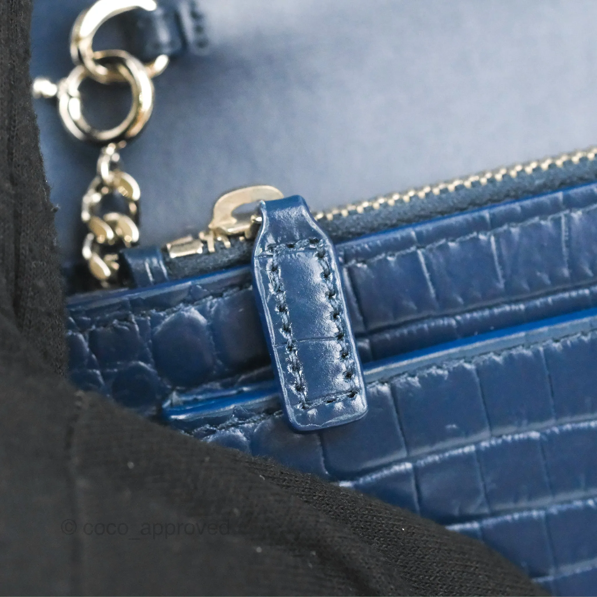 Saint Laurent Sunset Chain Wallet Navy Croc-embossed Shiny Calfskin Silver Hardware