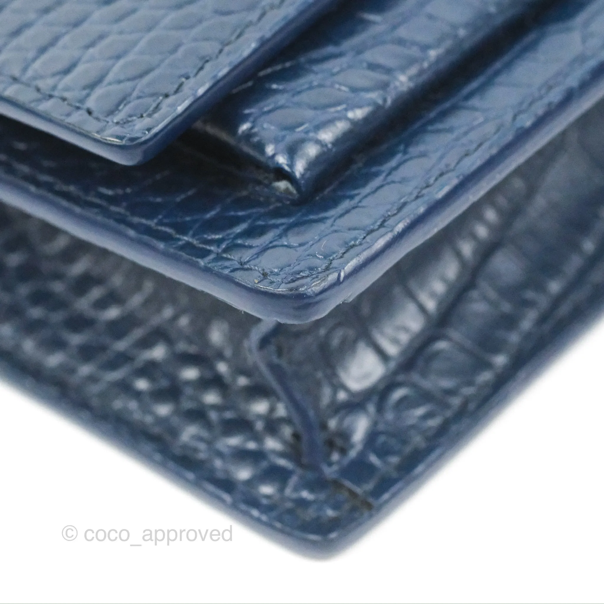 Saint Laurent Sunset Chain Wallet Navy Croc-embossed Shiny Calfskin Silver Hardware