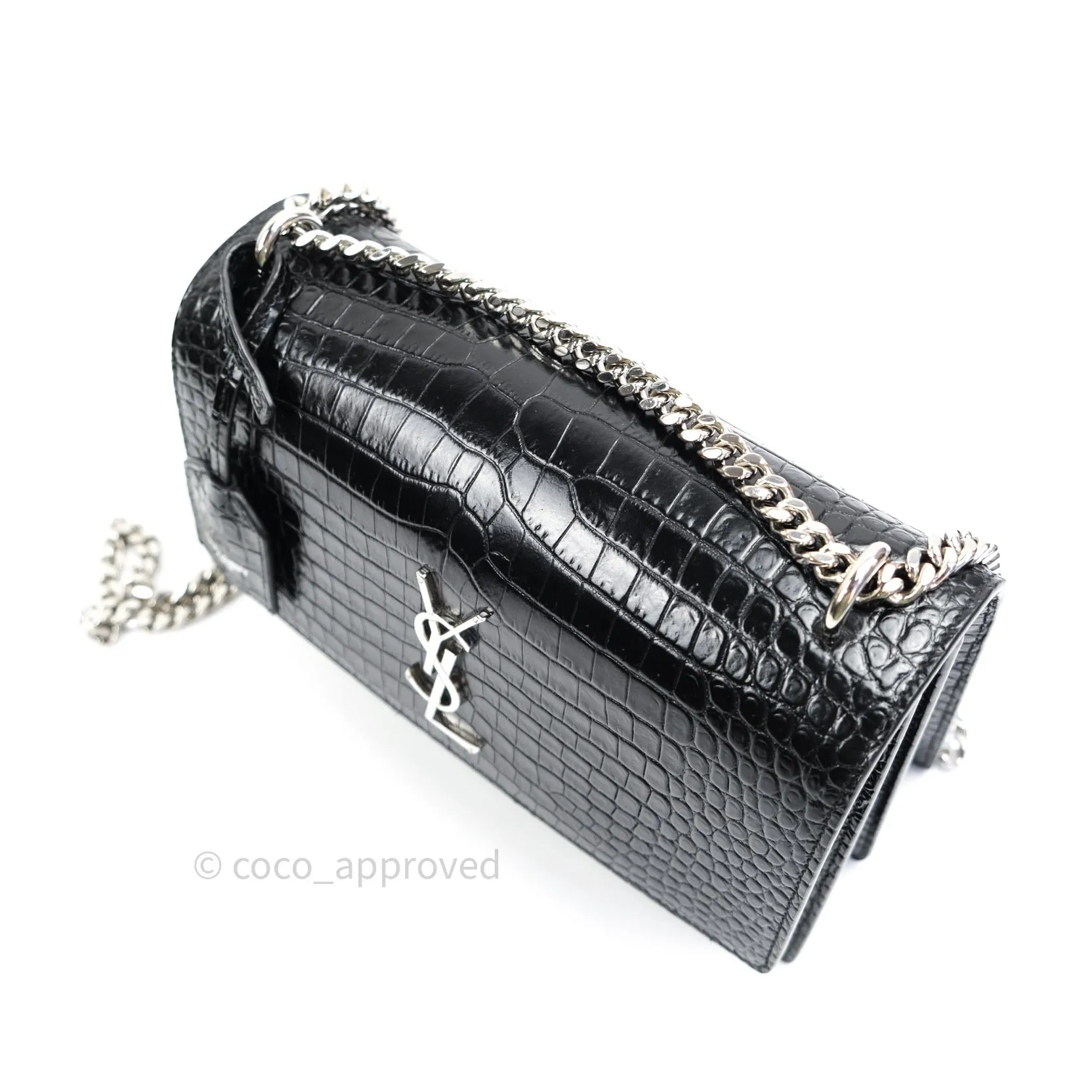 Saint Laurent Sunset Medium Black Crocodile Embossed Calfskin Silver Hardware