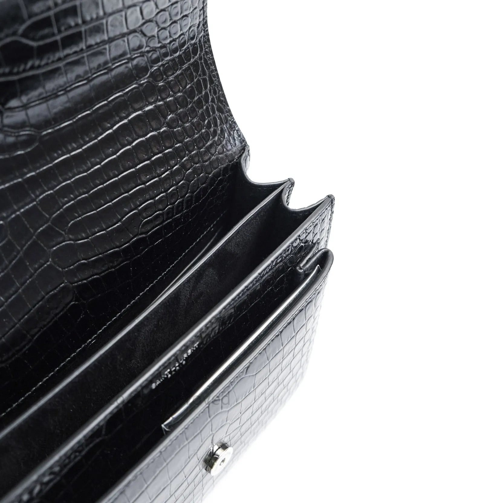 Saint Laurent Sunset Medium Black Crocodile Embossed Calfskin Silver Hardware