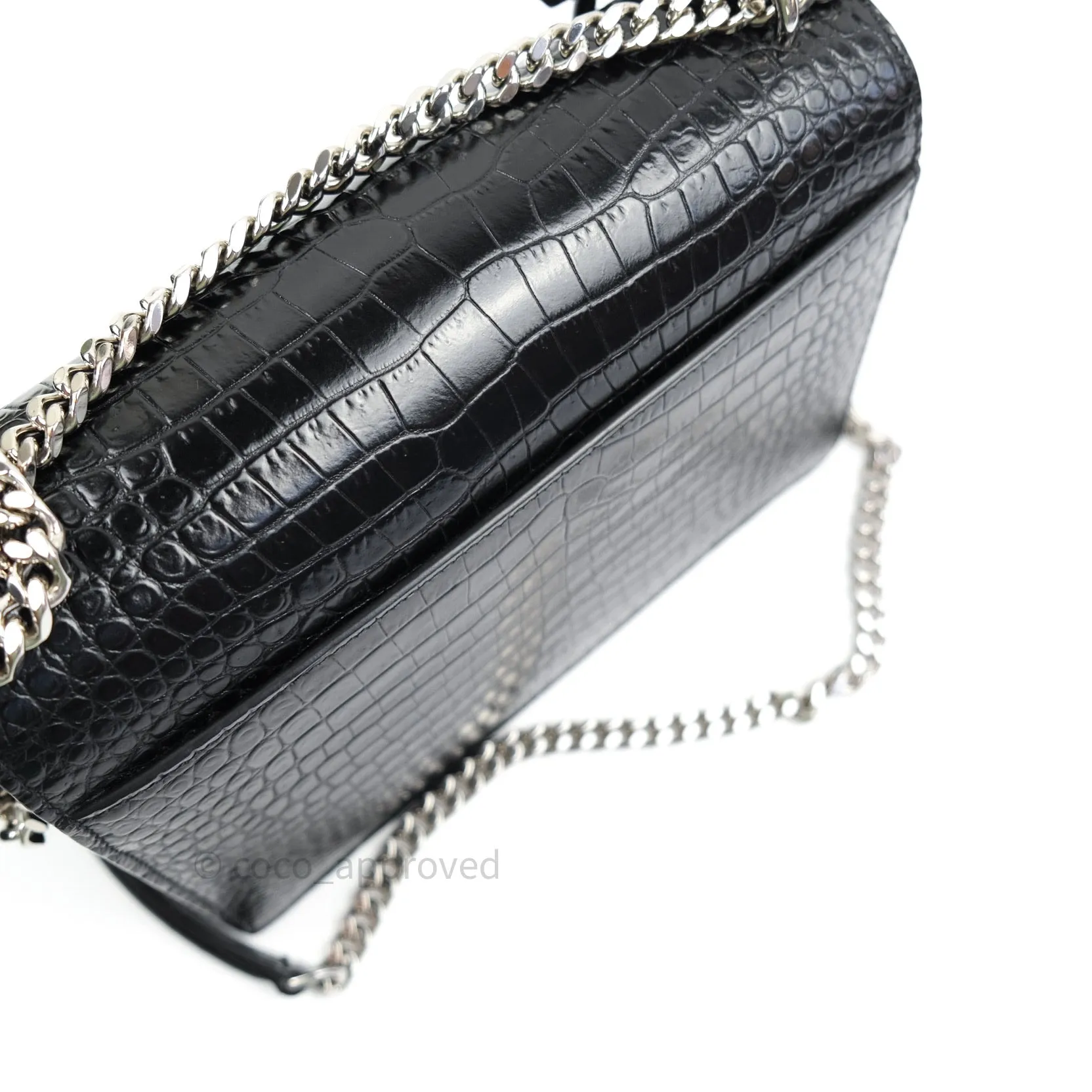 Saint Laurent Sunset Medium Black Crocodile Embossed Calfskin Silver Hardware