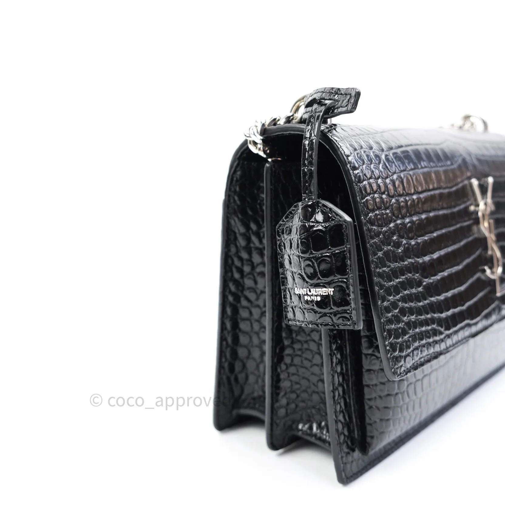 Saint Laurent Sunset Medium Black Crocodile Embossed Calfskin Silver Hardware