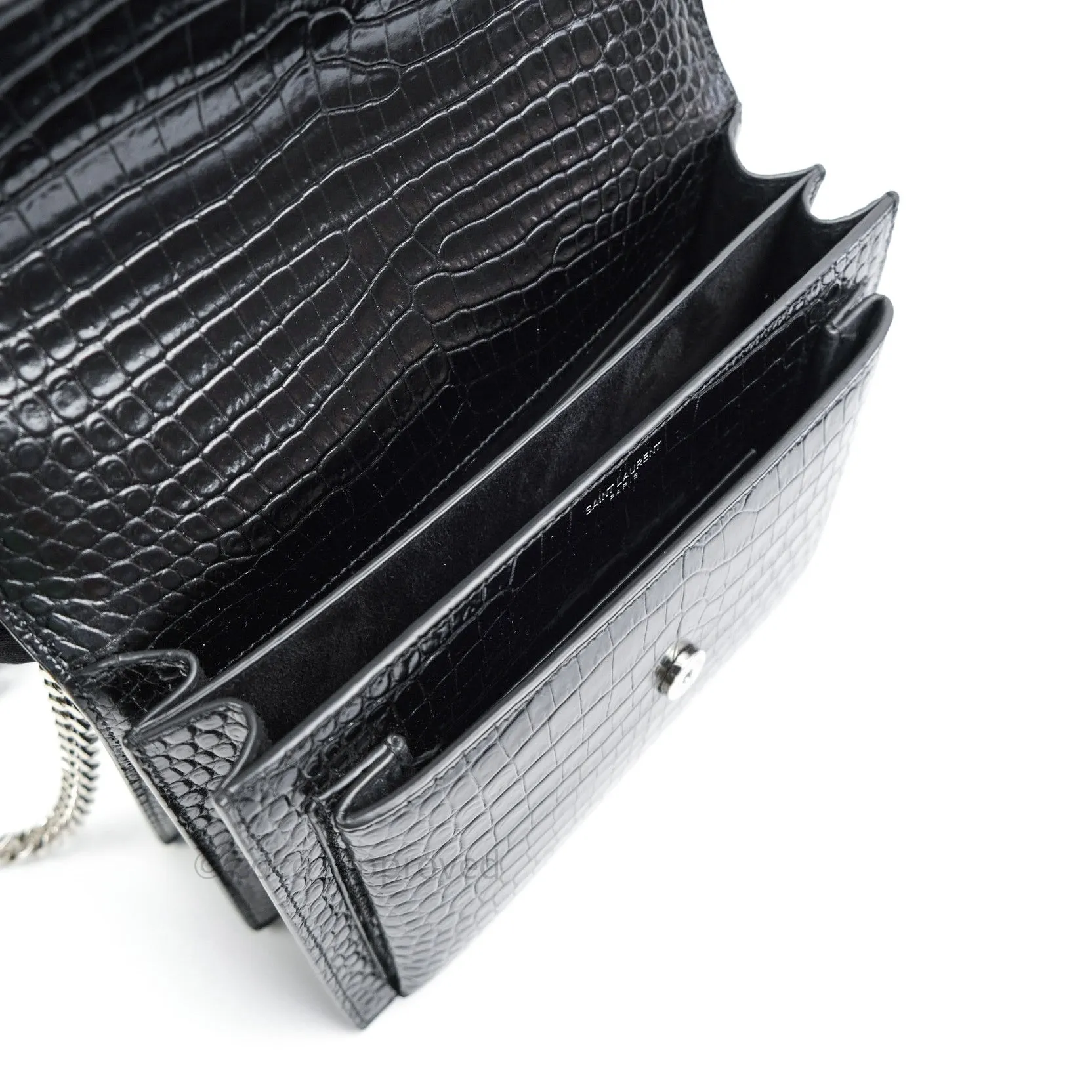 Saint Laurent Sunset Medium Black Crocodile Embossed Calfskin Silver Hardware