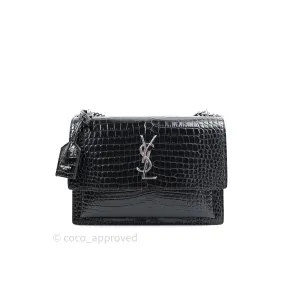 Saint Laurent Sunset Medium Black Crocodile Embossed Calfskin Silver Hardware