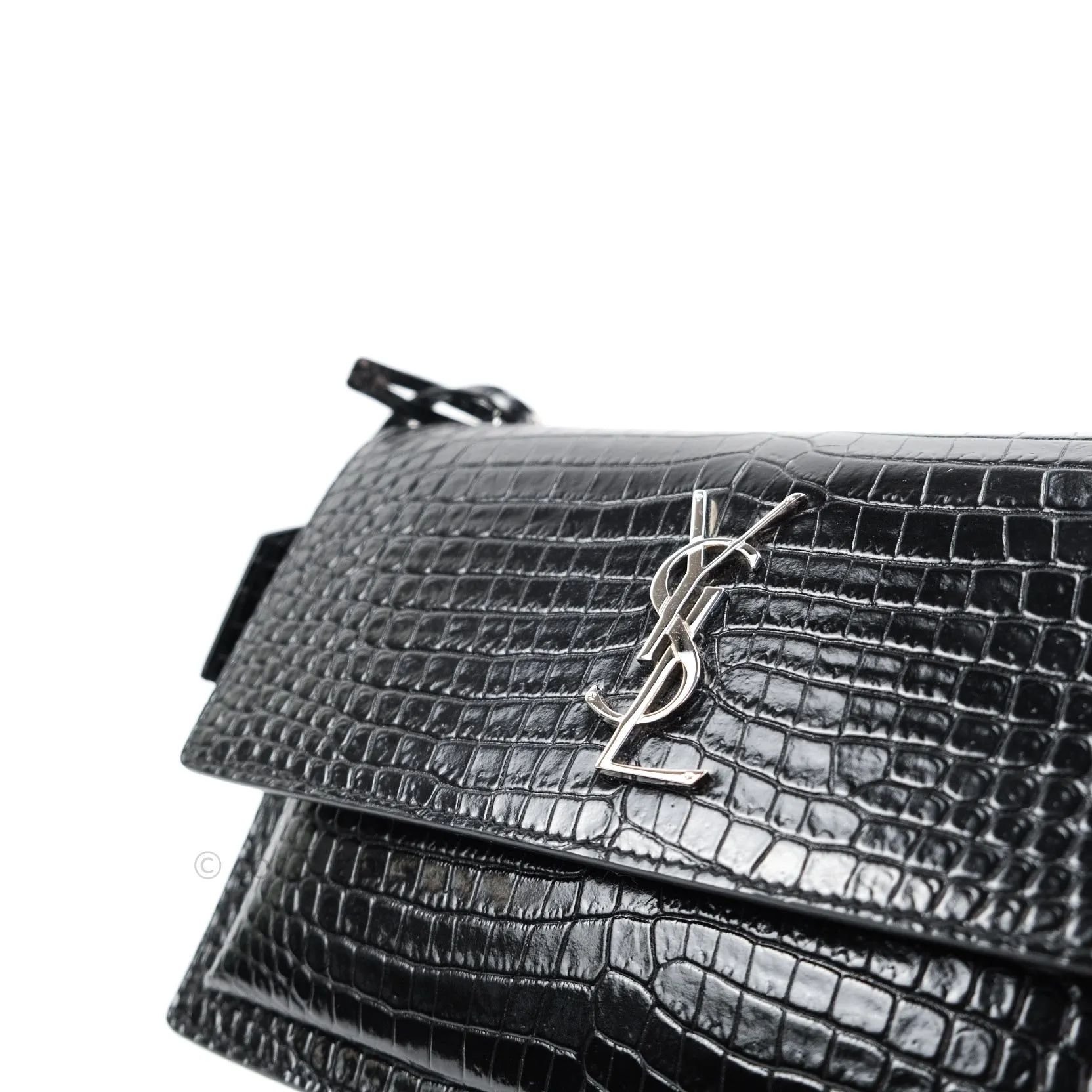 Saint Laurent Sunset Medium Black Crocodile Embossed Calfskin Silver Hardware