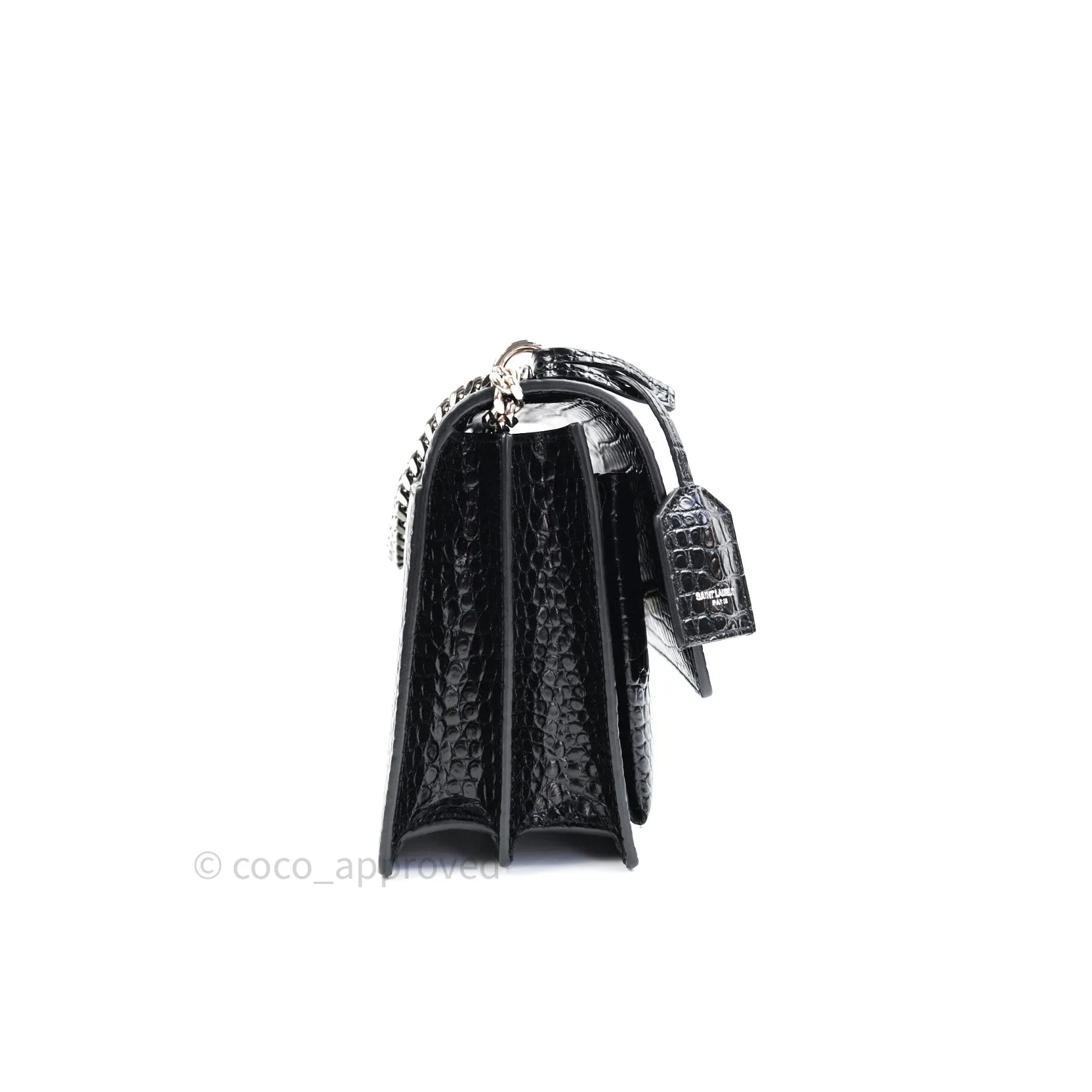 Saint Laurent Sunset Medium Black Crocodile Embossed Calfskin Silver Hardware