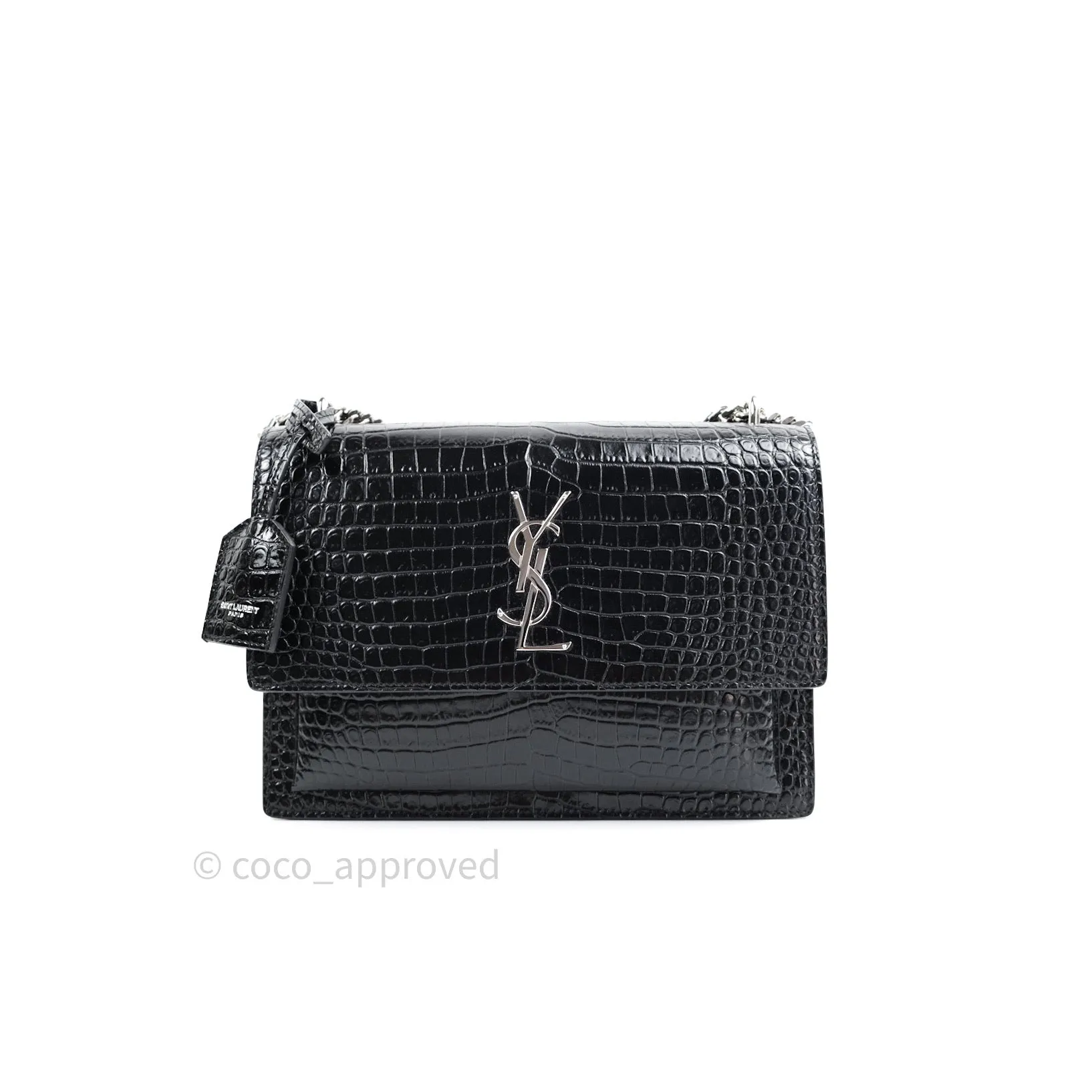 Saint Laurent Sunset Medium Black Crocodile Embossed Calfskin Silver Hardware