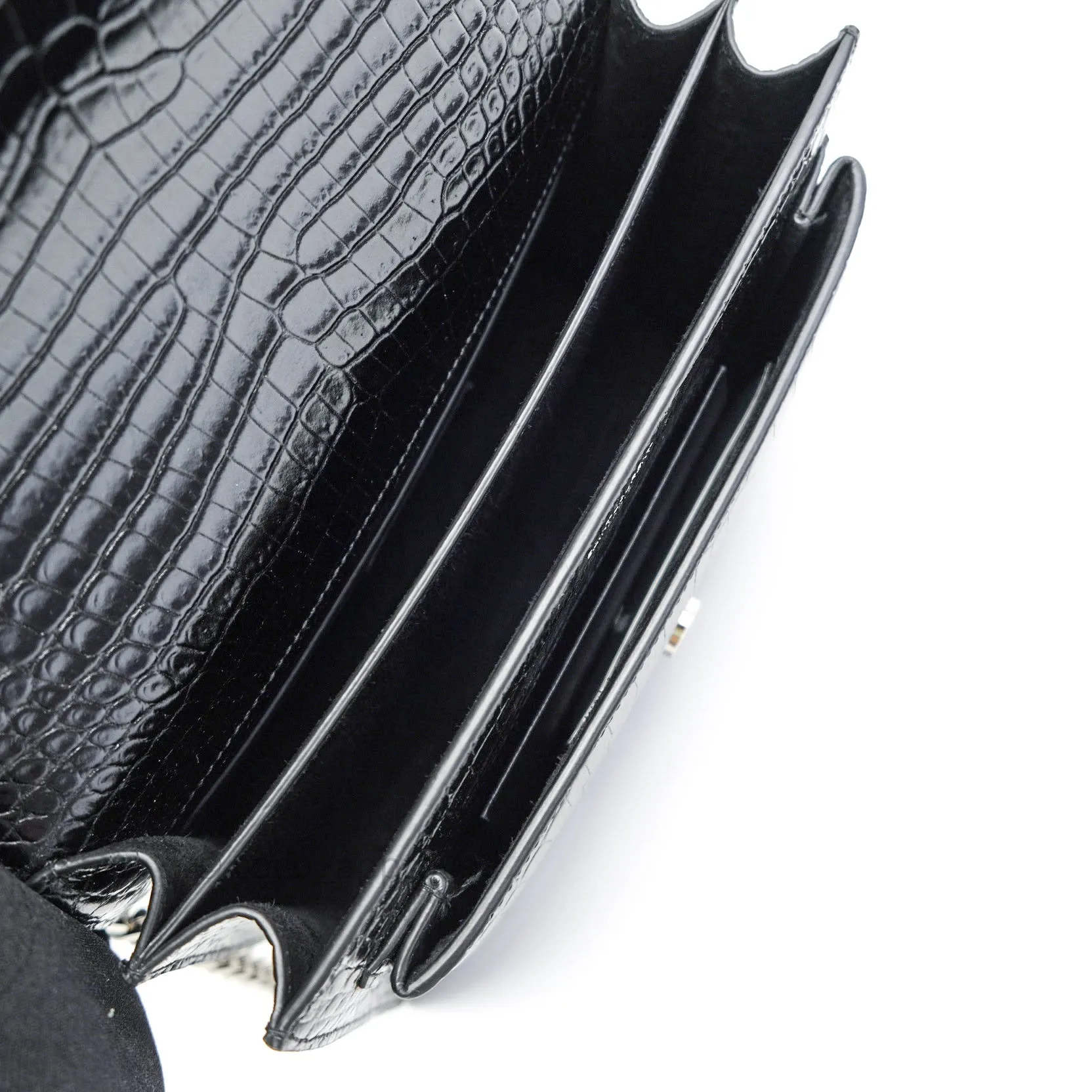 Saint Laurent Sunset Medium Black Crocodile Embossed Calfskin Silver Hardware