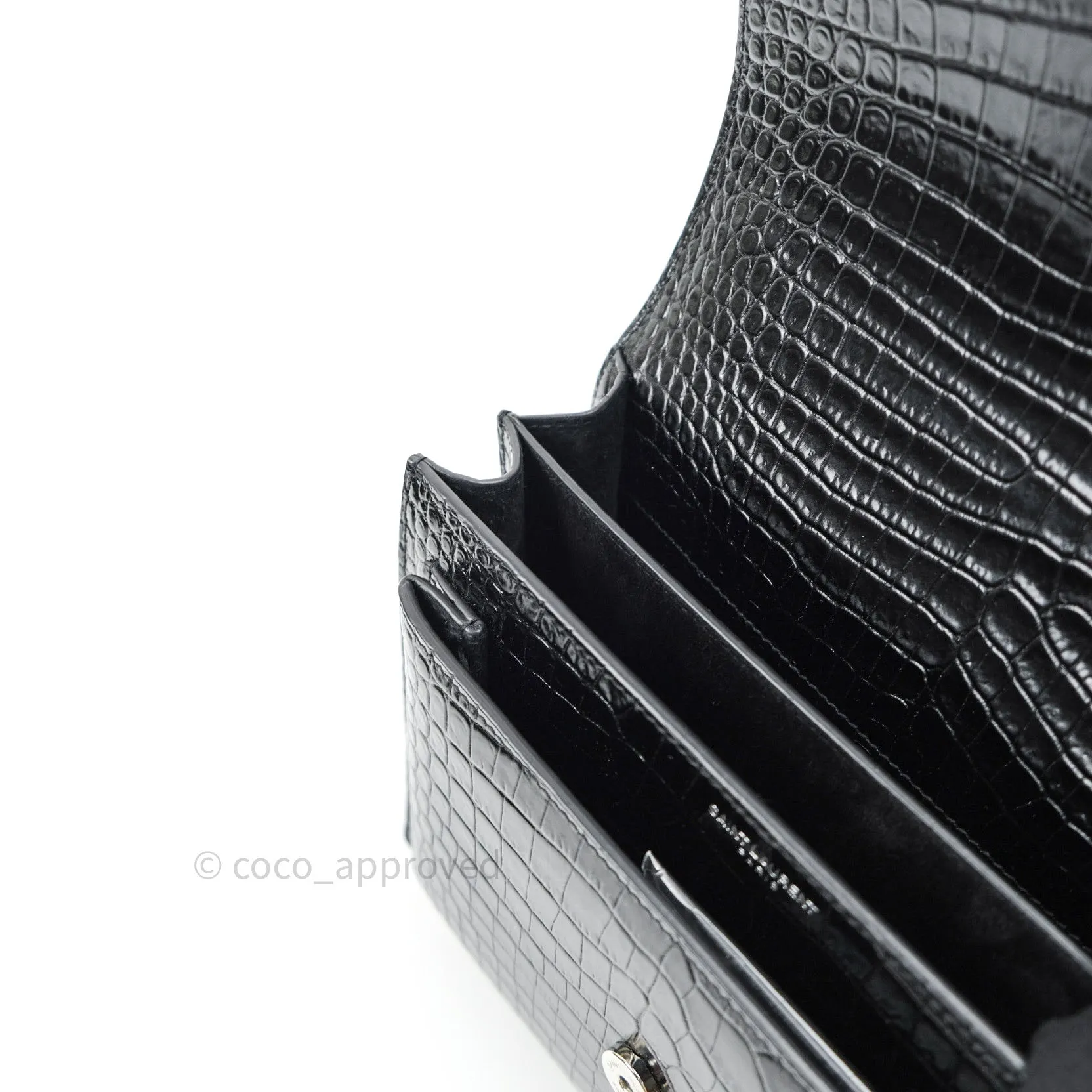 Saint Laurent Sunset Medium Black Crocodile Embossed Calfskin Silver Hardware