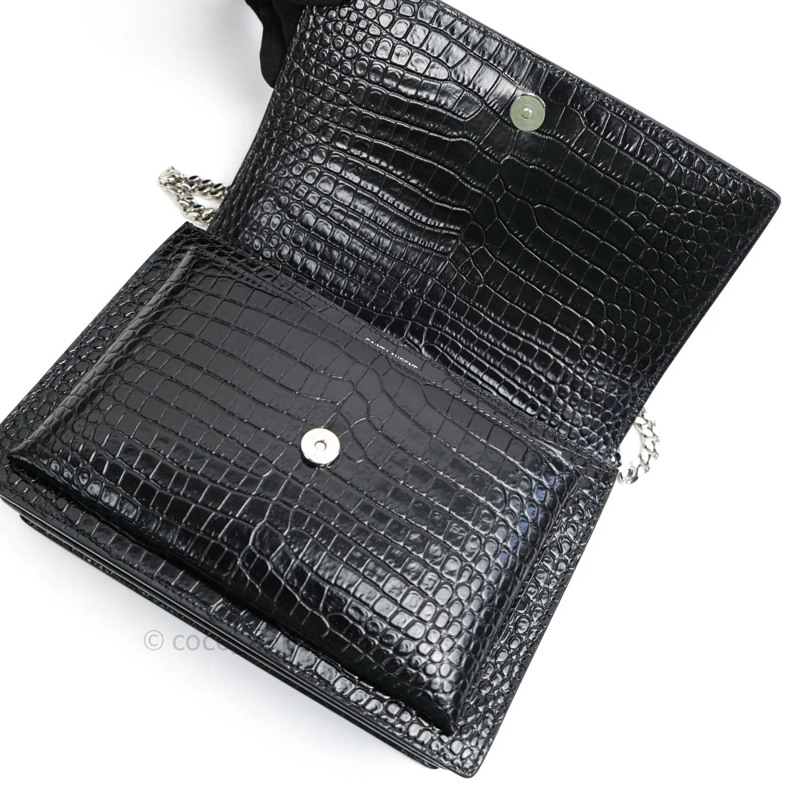 Saint Laurent Sunset Medium Black Crocodile Embossed Calfskin Silver Hardware