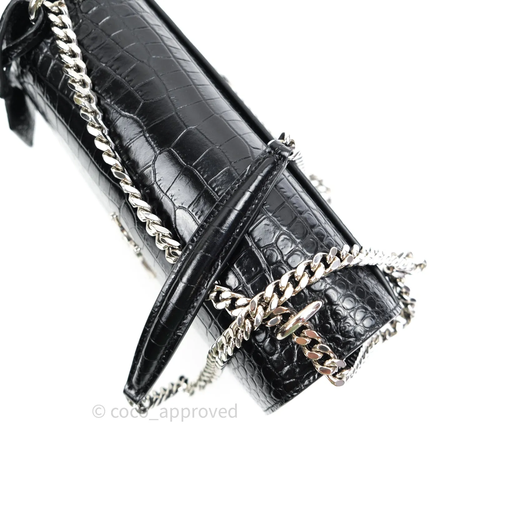 Saint Laurent Sunset Medium Black Crocodile Embossed Calfskin Silver Hardware