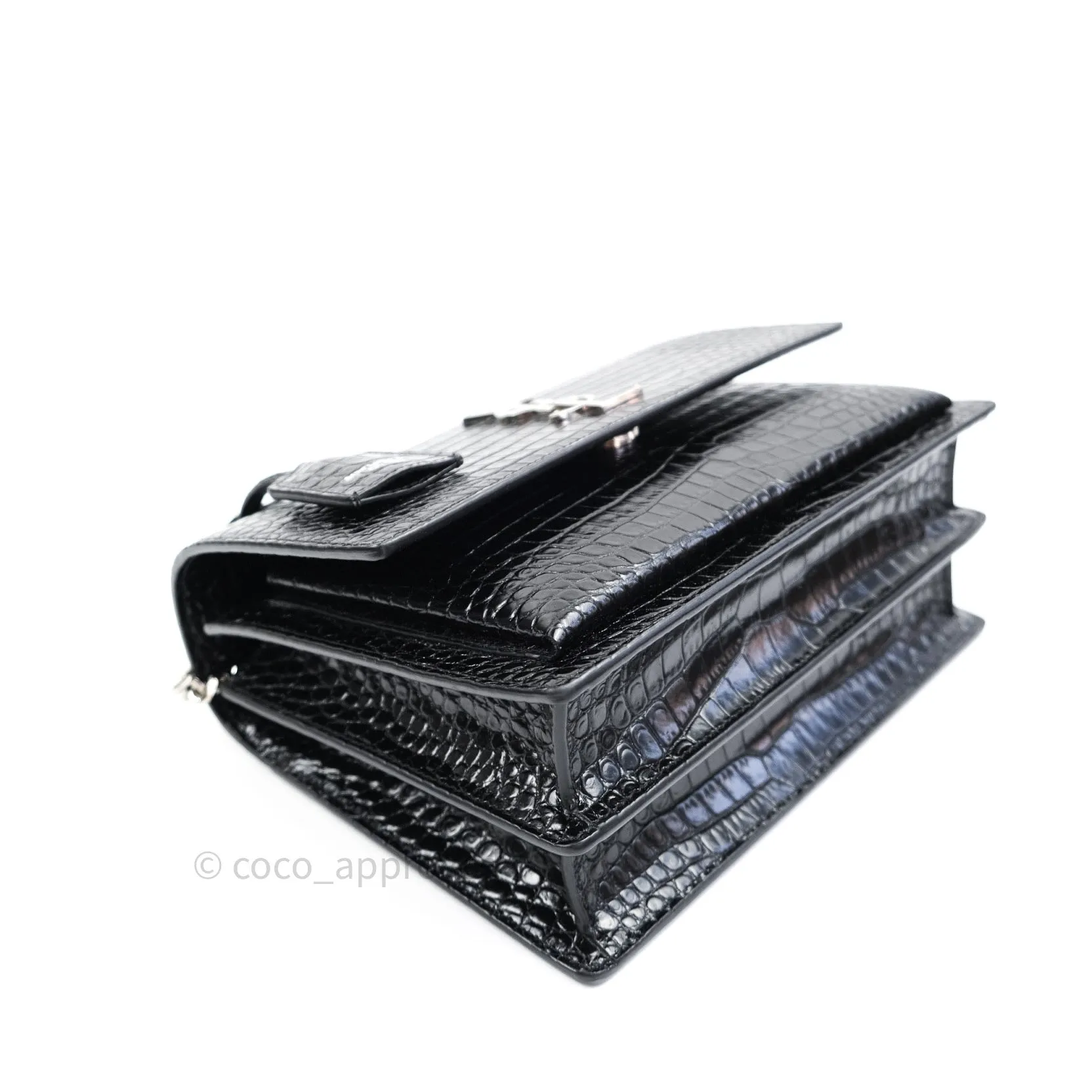 Saint Laurent Sunset Medium Black Crocodile Embossed Calfskin Silver Hardware