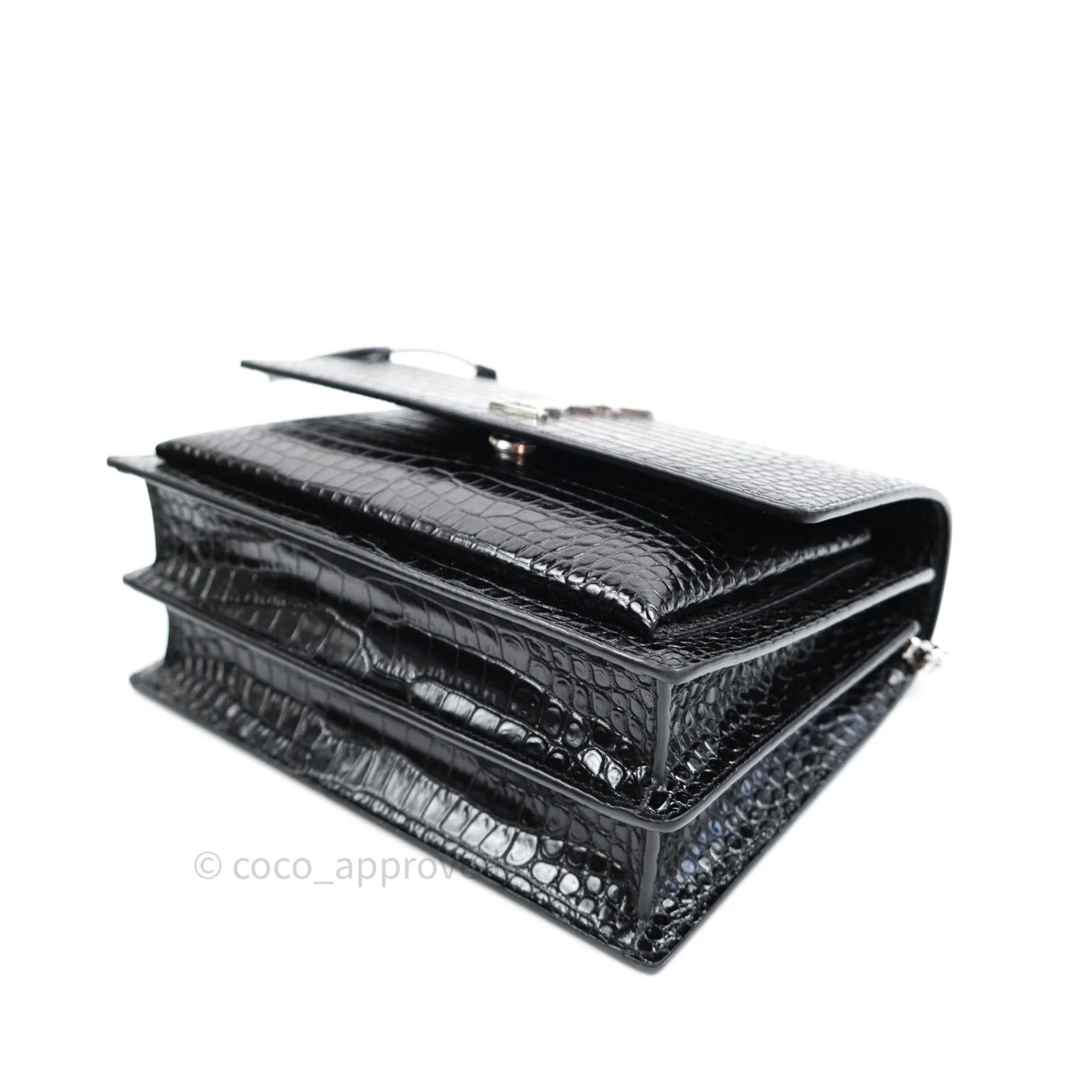 Saint Laurent Sunset Medium Black Crocodile Embossed Calfskin Silver Hardware