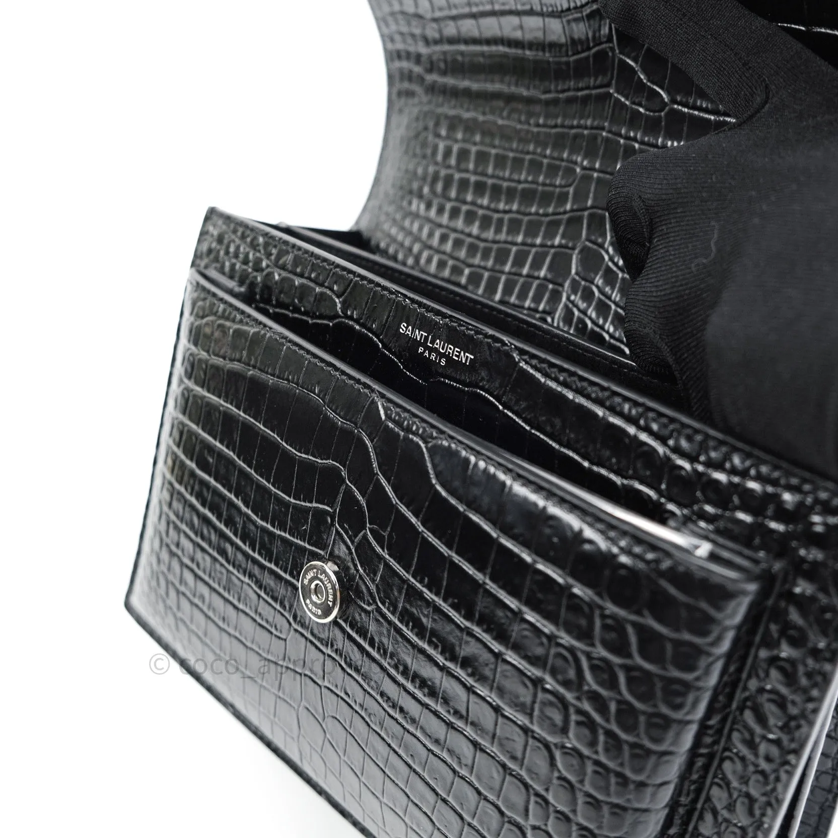 Saint Laurent Sunset Medium Black Crocodile Embossed Calfskin Silver Hardware