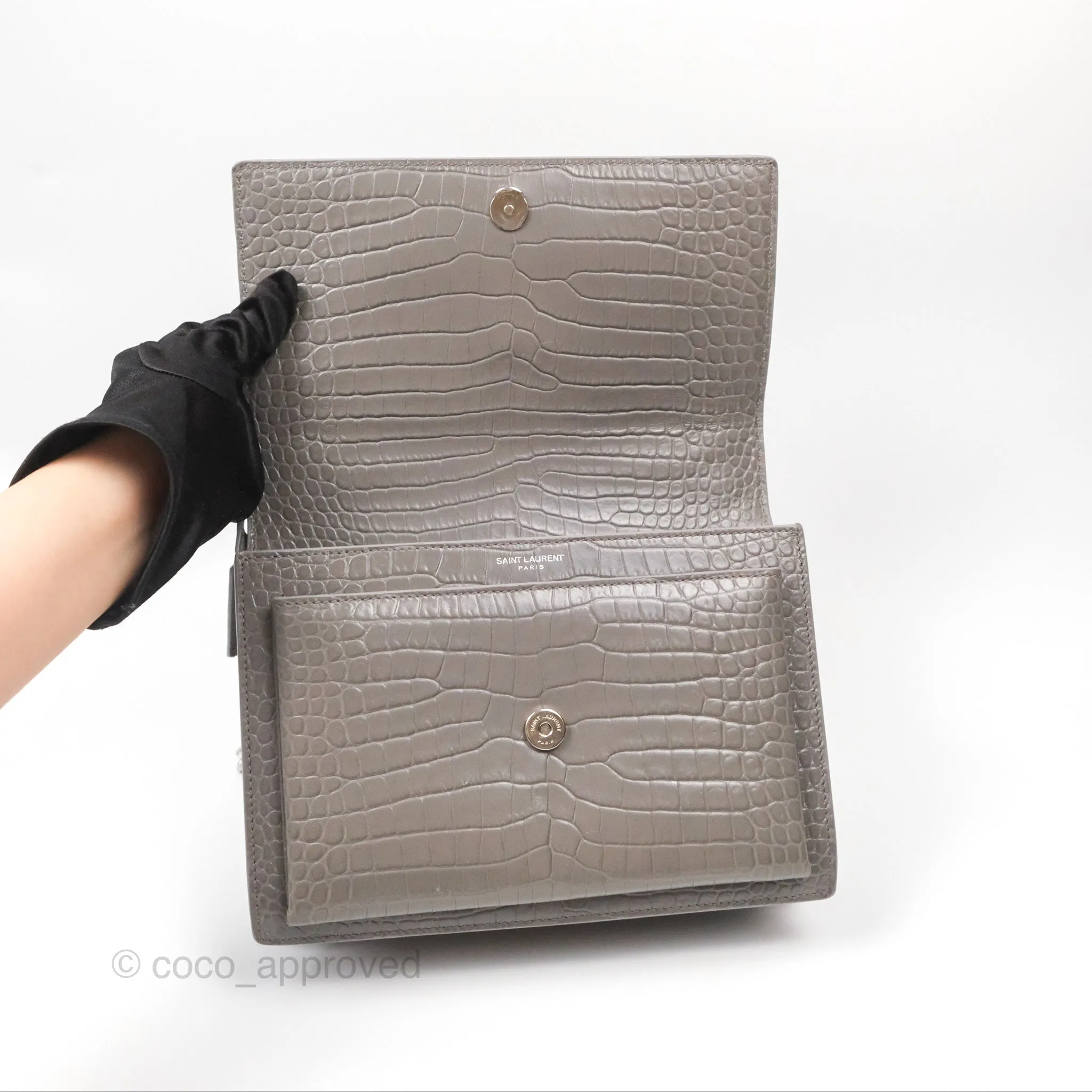 Saint Laurent Sunset Medium Grey Croc-effected Silver Hardware